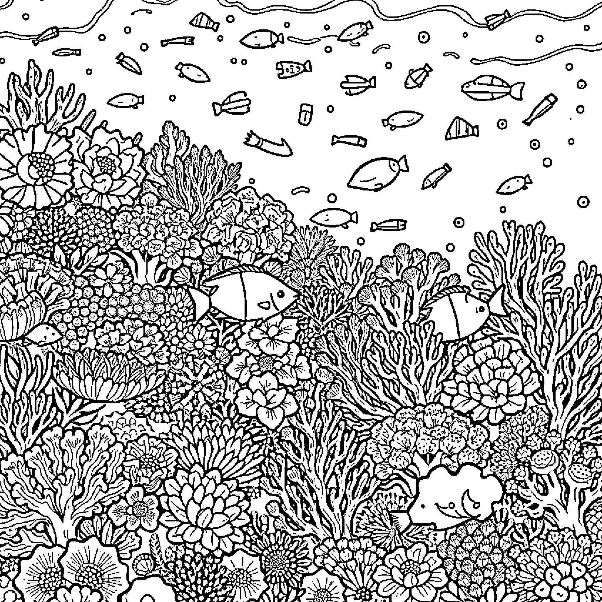 Coral Garden with Vibrant Marine Life Coloring Page (free black-and-white line drawing printable PDF for all, from beginners to advanced learners, including children, teens, adults, and seniors)