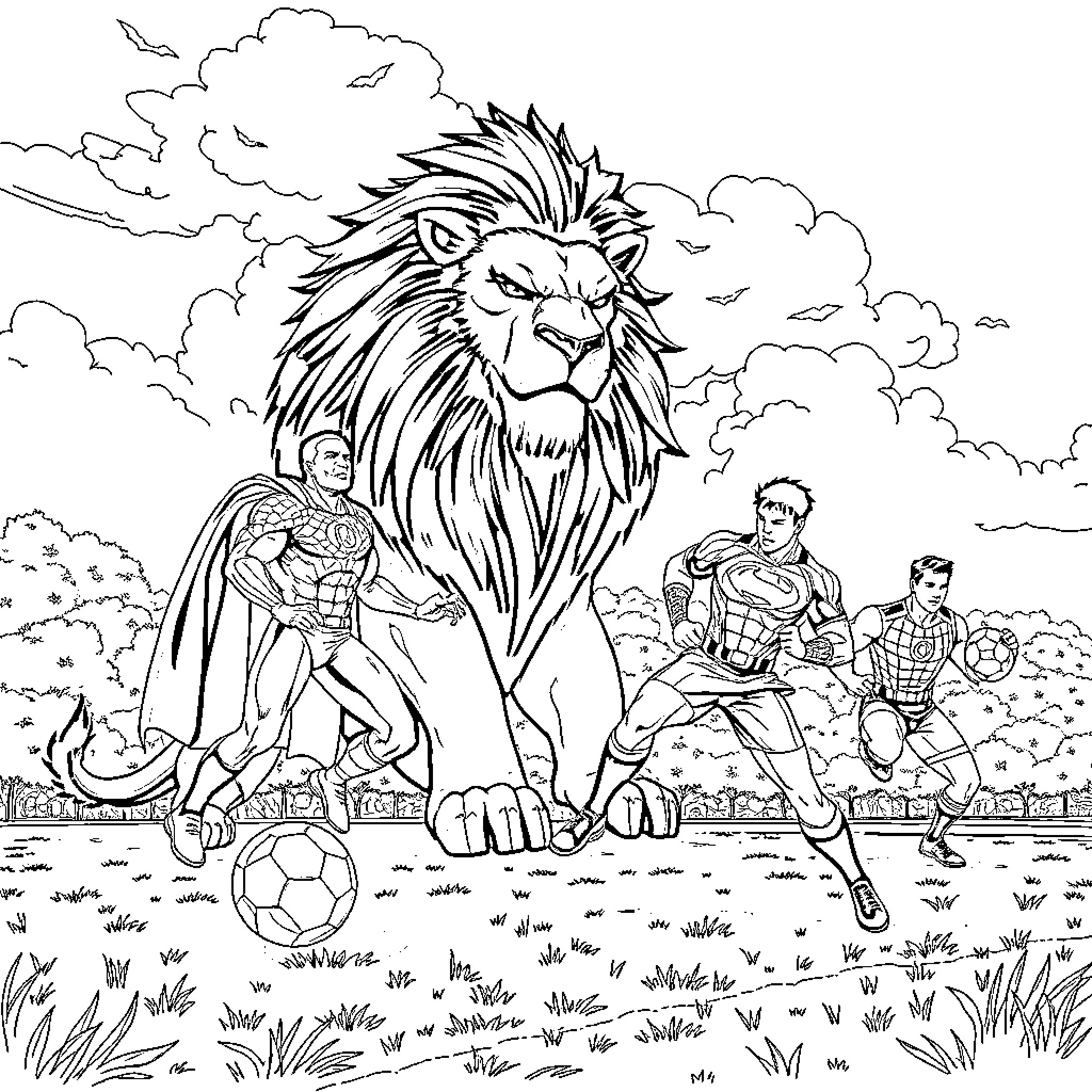 Lion stands tall amid heroes playing soccer Coloring Page (free black-and-white line drawing printable PDF for all, from beginners to advanced learners, including children, teens, adults, and seniors)