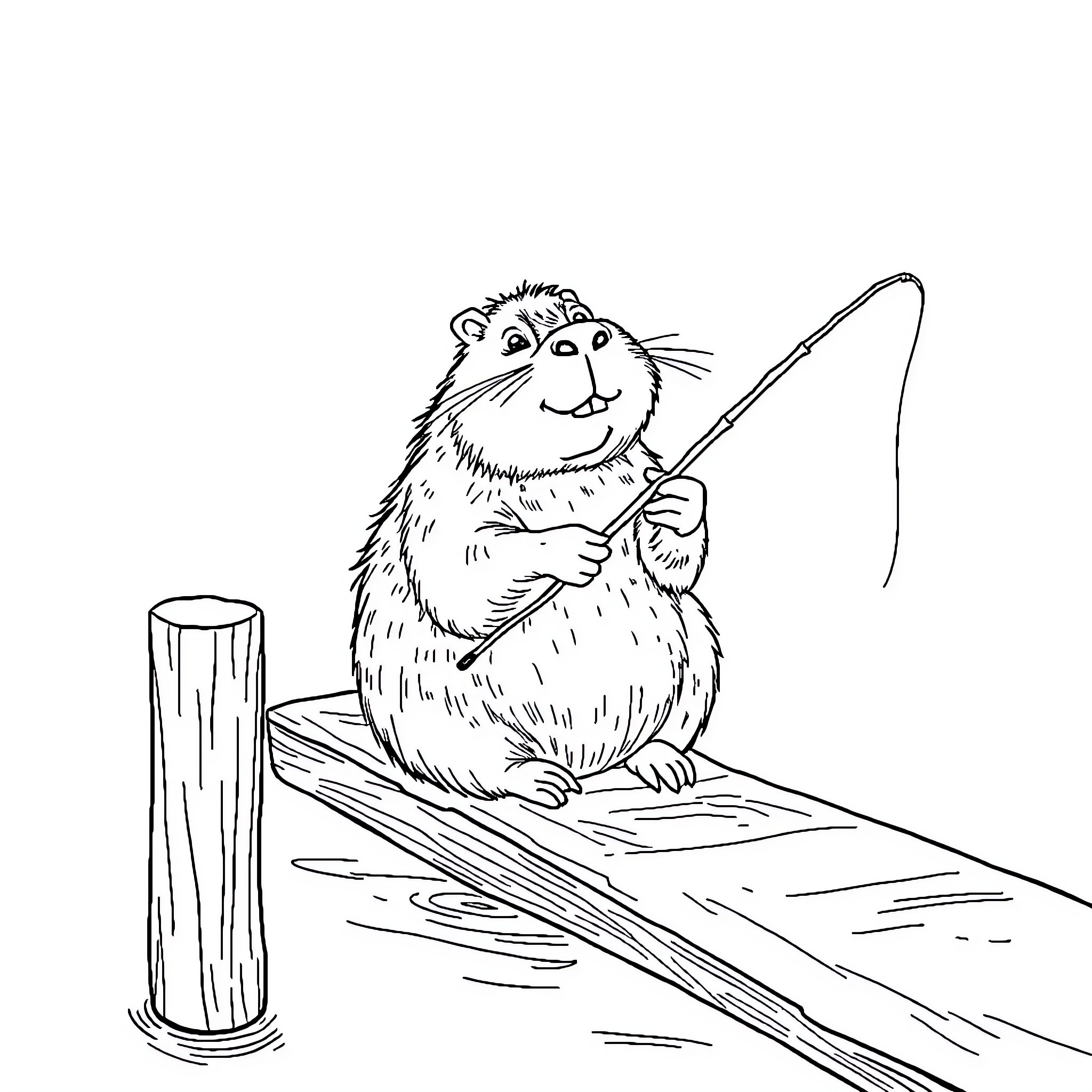 Capybara fishing happily on wooden dock Coloring Page (free black-and-white line drawing printable PDF for all, from beginners to advanced learners, including children, teens, adults, and seniors)