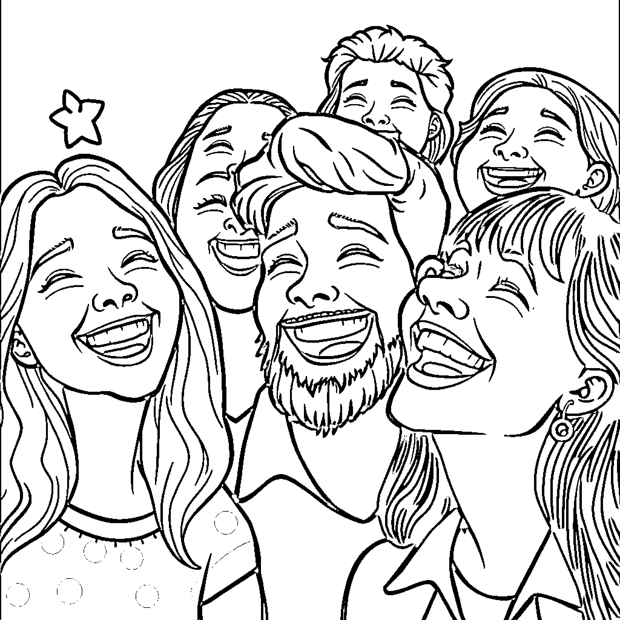 HAPPY ARE THE JOYOUS PEOPLE IN MERRIMENT Coloring Page (free black-and-white line drawing printable PDF for all, from beginners to advanced learners, including children, teens, adults, and seniors)