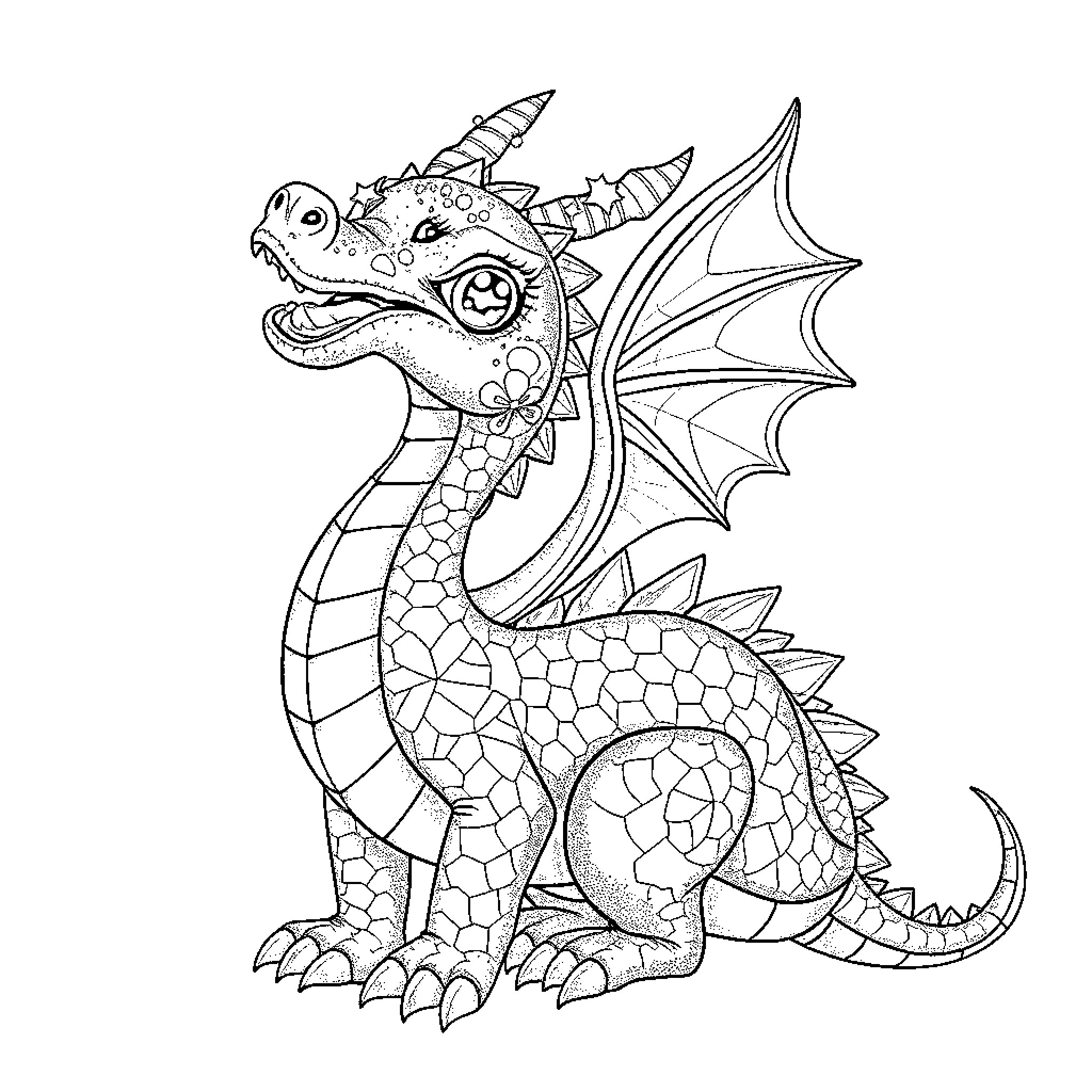 Dragon with Intricate Designs and Expressive Features Coloring Page (free black-and-white line drawing printable PDF for all, from beginners to advanced learners, including children, teens, adults, and seniors)
