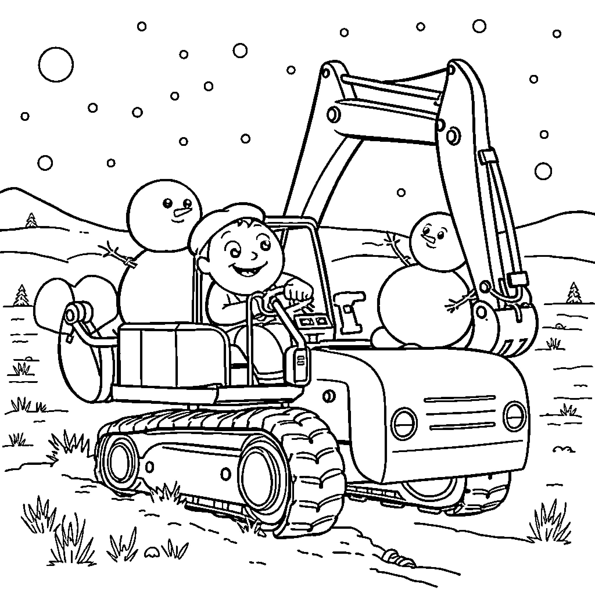 Excavator digging up cheerful snowman scene Coloring Page (free black-and-white line drawing printable PDF for all, from beginners to advanced learners, including children, teens, adults, and seniors)