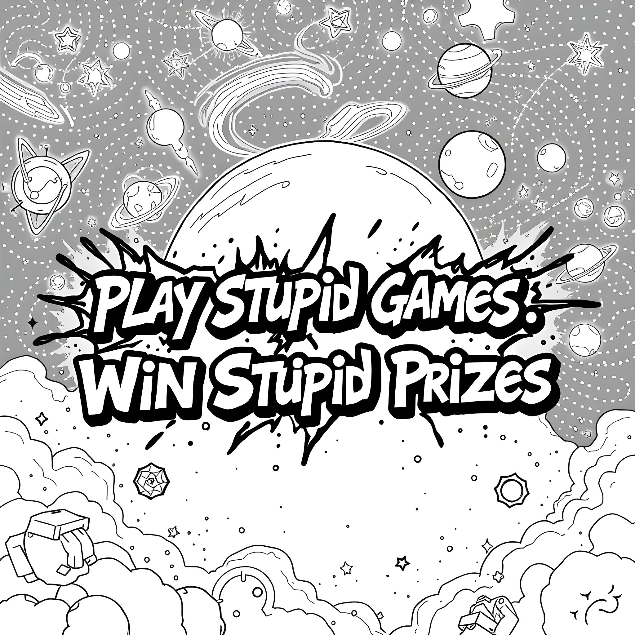 Graffiti-style image with playful cosmic elements Coloring Page (free black-and-white line drawing printable PDF for all, from beginners to advanced learners, including children, teens, adults, and seniors)