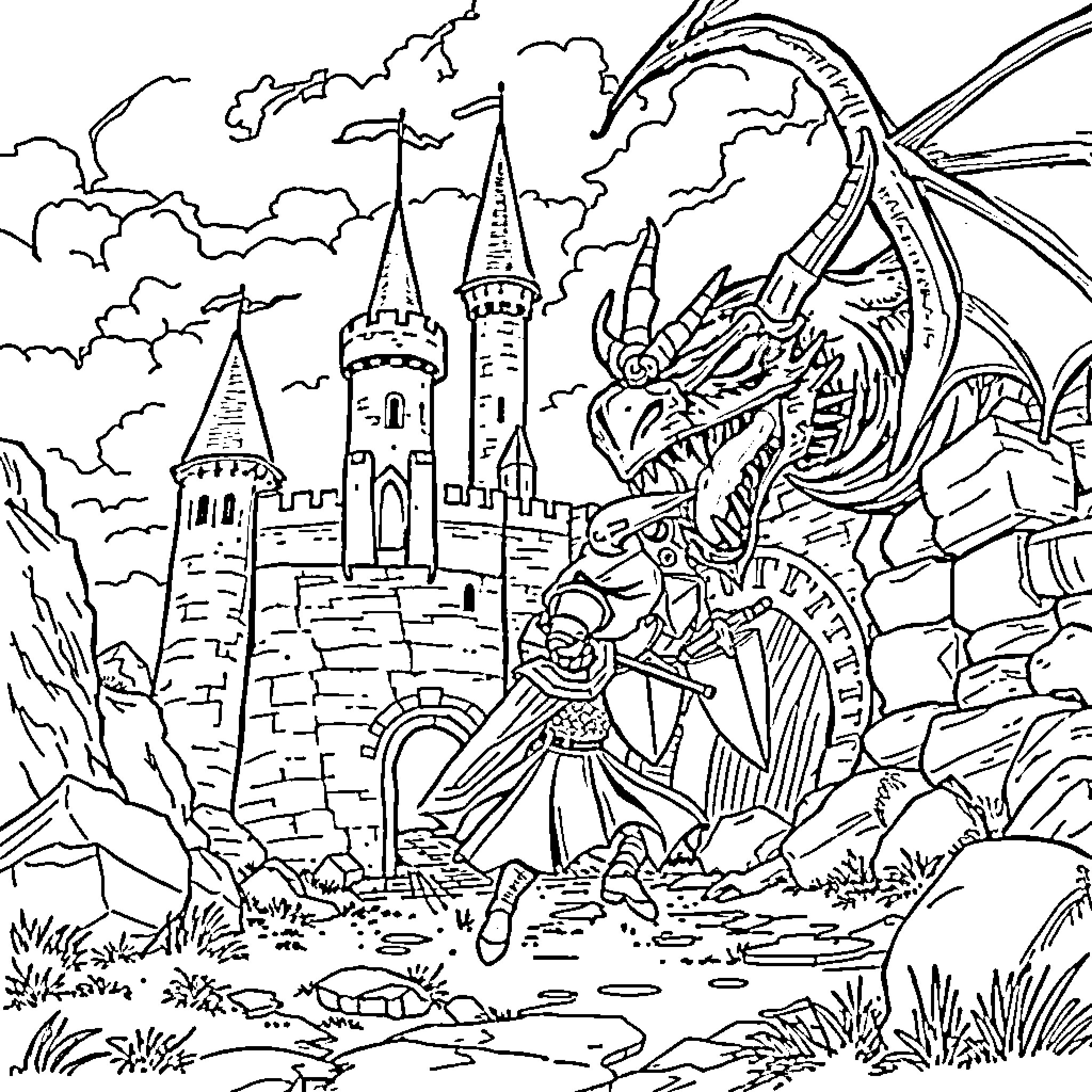 Knight battling a fierce dragon near a castle Coloring Page (free black-and-white line drawing printable PDF for all, from beginners to advanced learners, including children, teens, adults, and seniors)