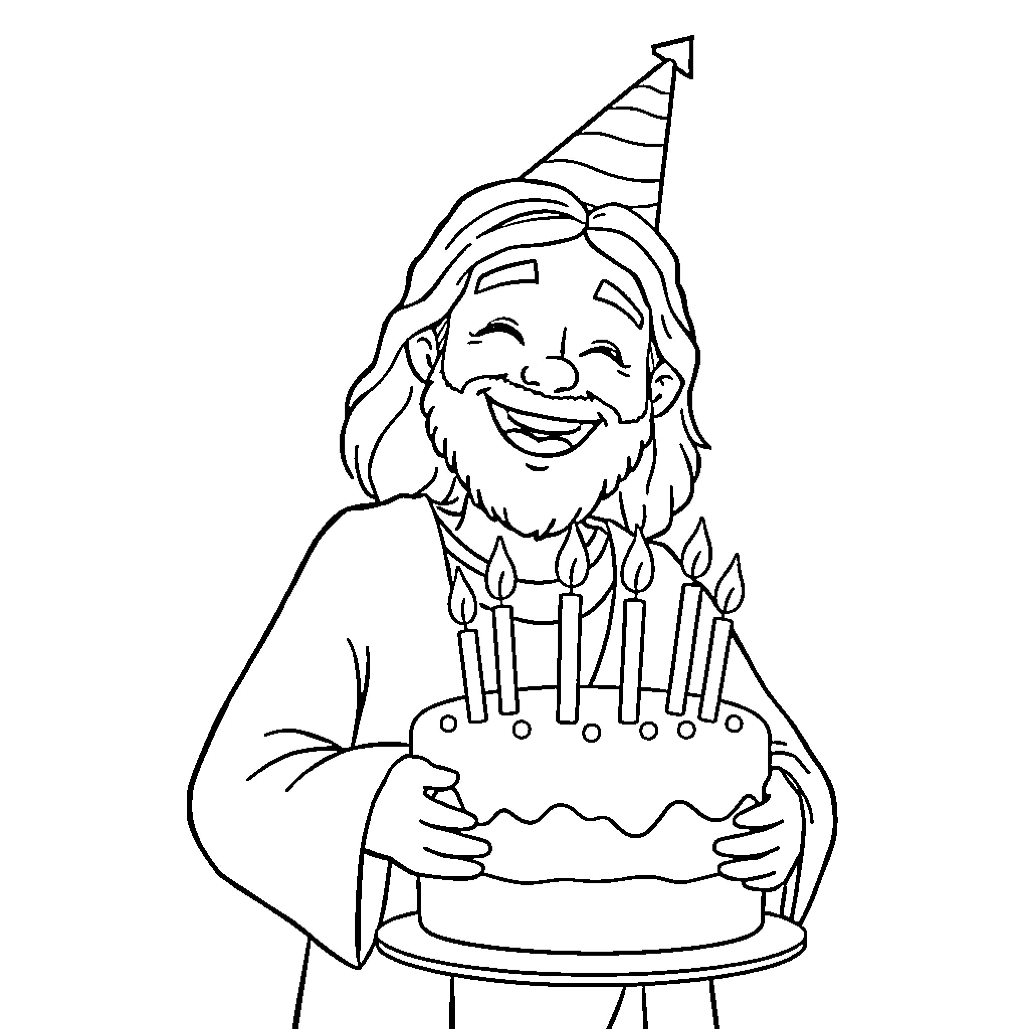 Jesus celebrates birthday with cake and candles Coloring Page (free black-and-white line drawing printable PDF for all, from beginners to advanced learners, including children, teens, adults, and seniors)