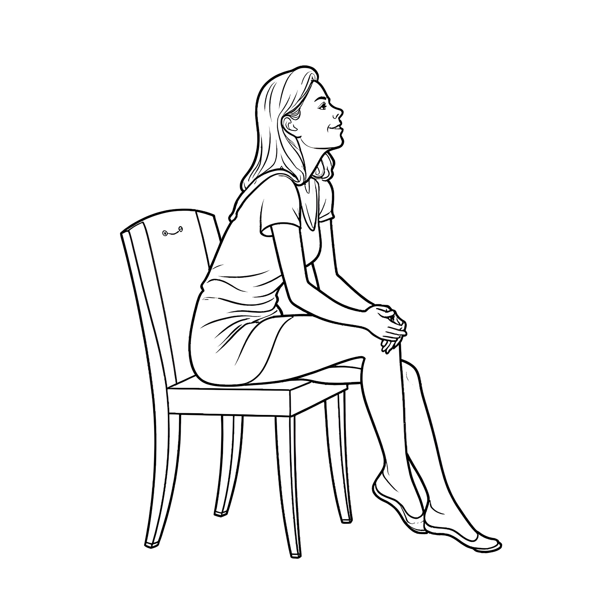 Woman sitting thoughtfully on a chair Coloring Page (free black-and-white line drawing printable PDF for all, from beginners to advanced learners, including children, teens, adults, and seniors)