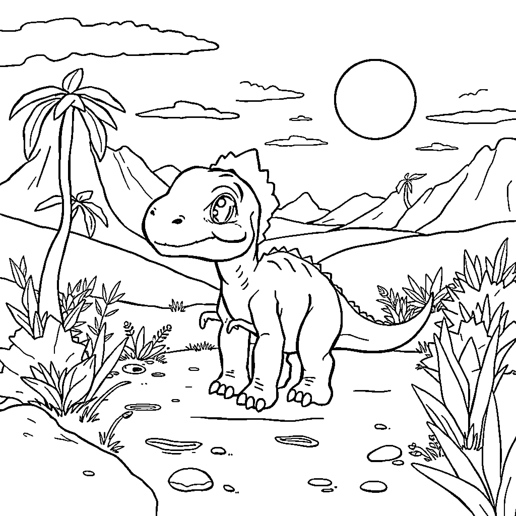 Dinosaur exploring a tropical landscape Coloring Page (free black-and-white line drawing printable PDF for all, from beginners to advanced learners, including children, teens, adults, and seniors)