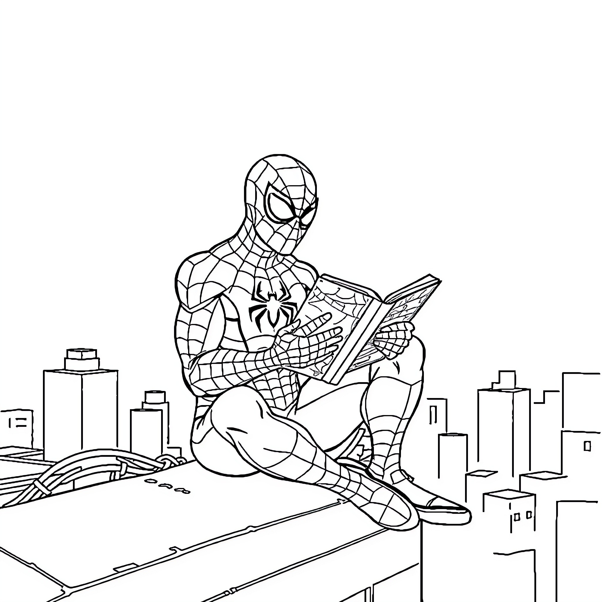 Spiderman reading comic book on city rooftop Coloring Page (free black-and-white line drawing printable PDF for all, from beginners to advanced learners, including children, teens, adults, and seniors)