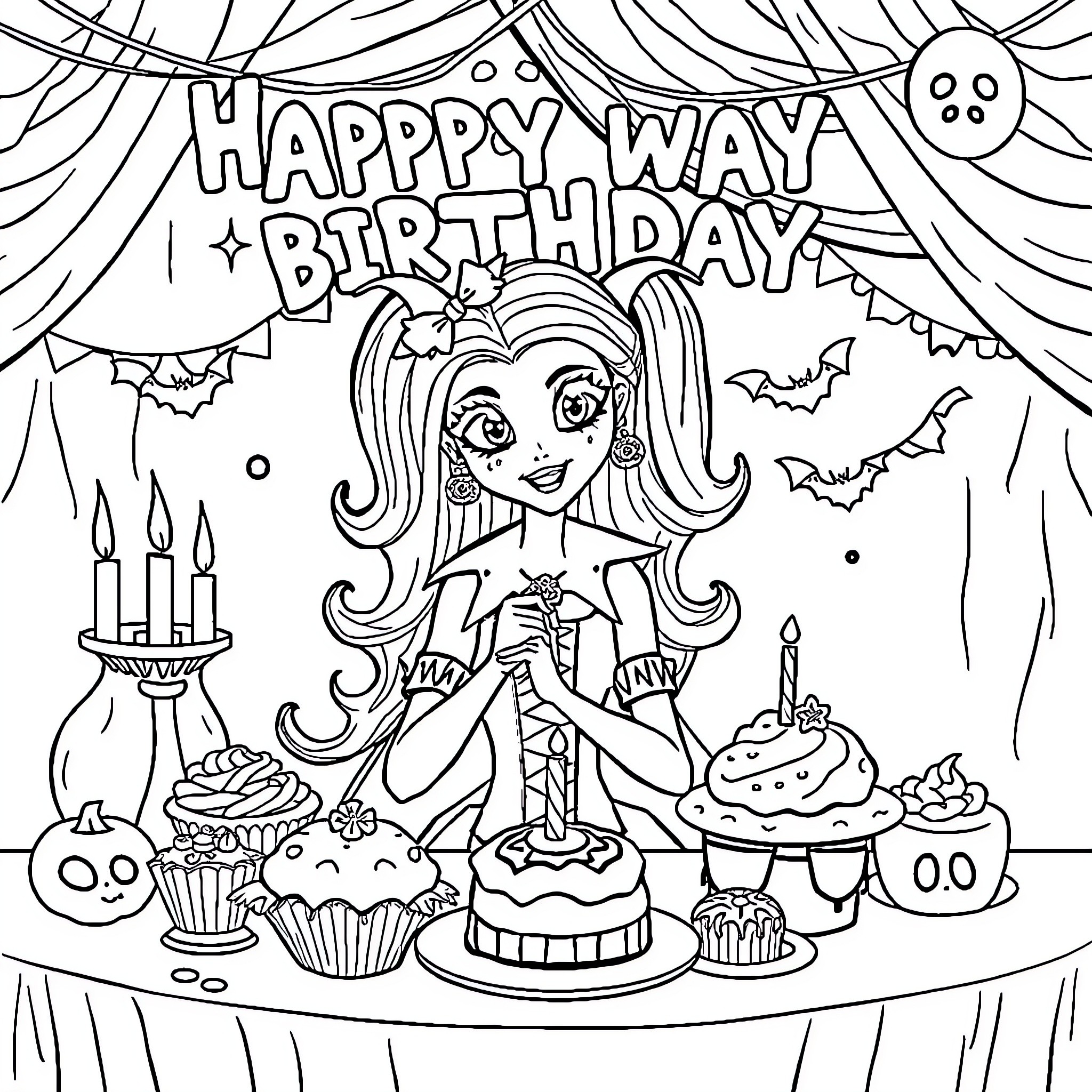 Draculaura Celebrates a Happy Birthday Party Coloring Page (free black-and-white line drawing printable PDF for all, from beginners to advanced learners, including children, teens, adults, and seniors)