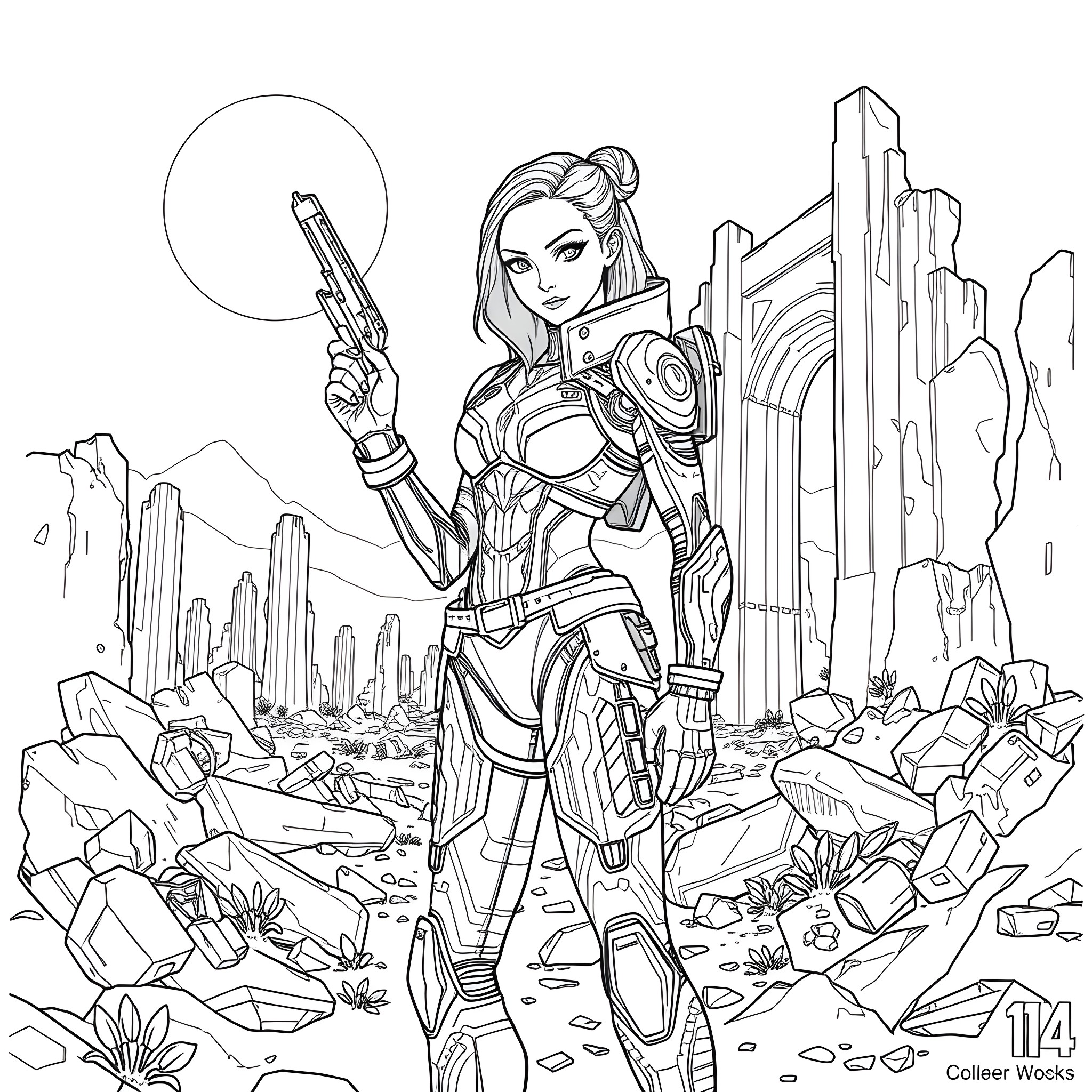 Tali in the Futuristic Cityscape with Weapon Coloring Page (free black-and-white line drawing printable PDF for all, from beginners to advanced learners, including children, teens, adults, and seniors)