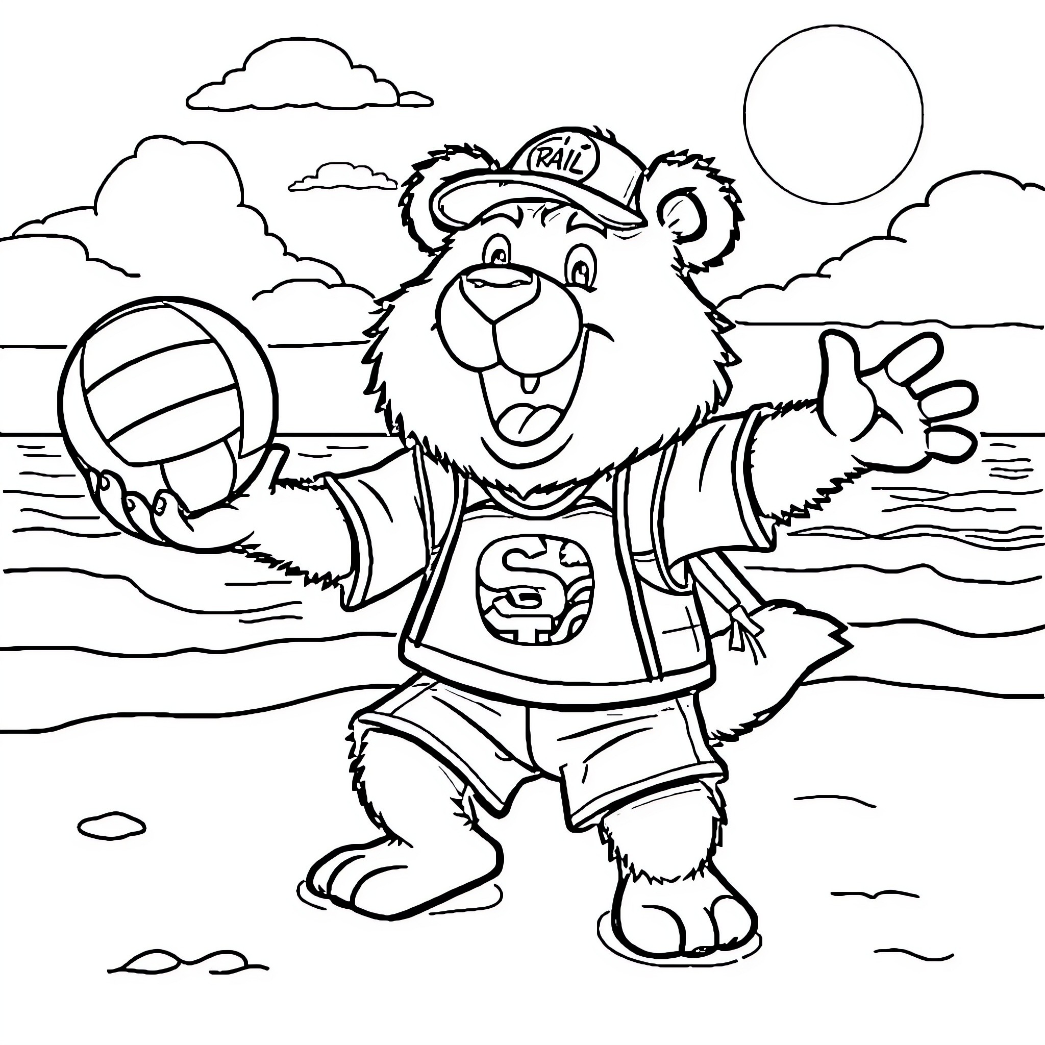 Mascot Bear Playing Beach Volleyball Coloring Page (free black-and-white line drawing printable PDF for all, from beginners to advanced learners, including children, teens, adults, and seniors)