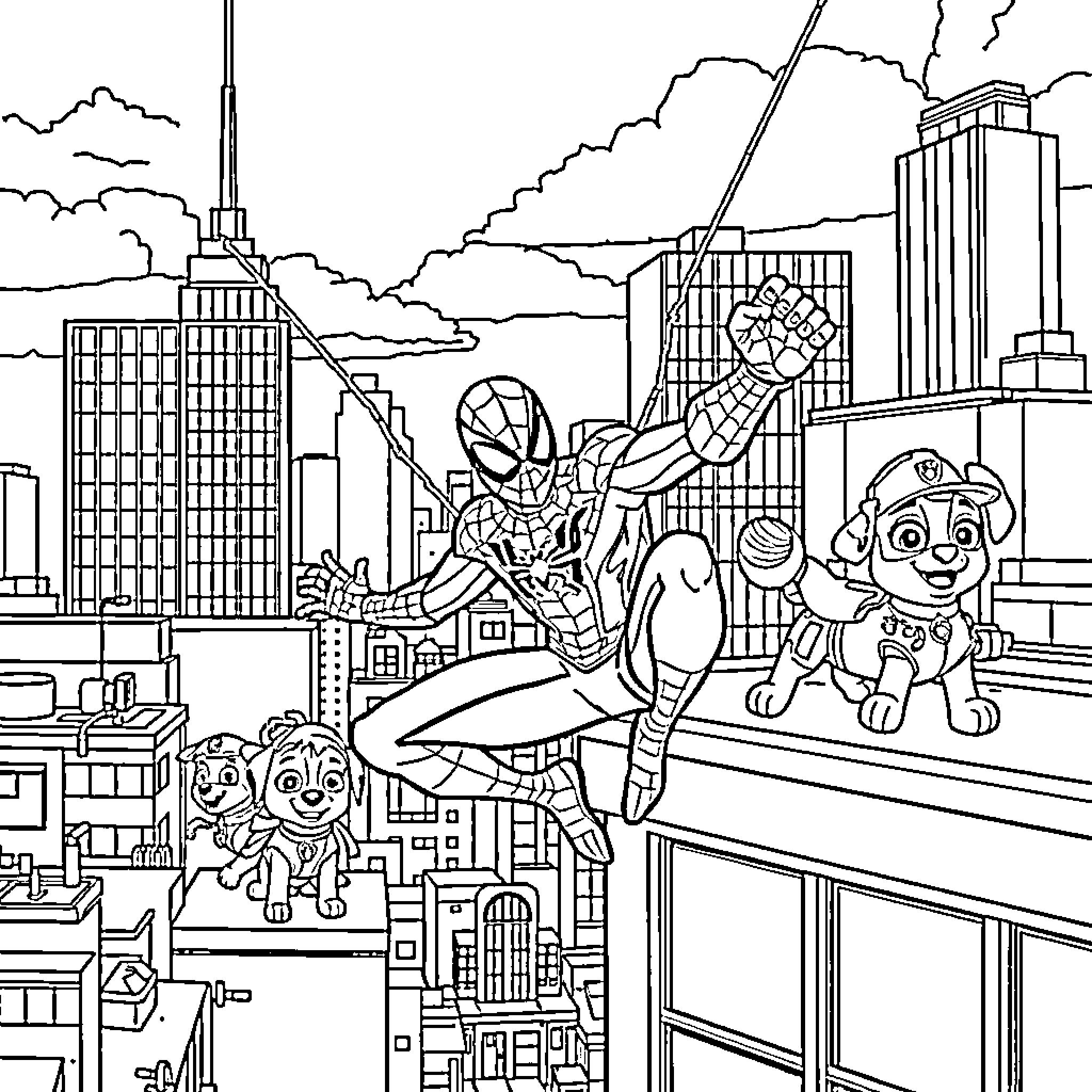 Spider-Man saves the day with Paw Patrol pups Coloring Page (free black-and-white line drawing printable PDF for all, from beginners to advanced learners, including children, teens, adults, and seniors)