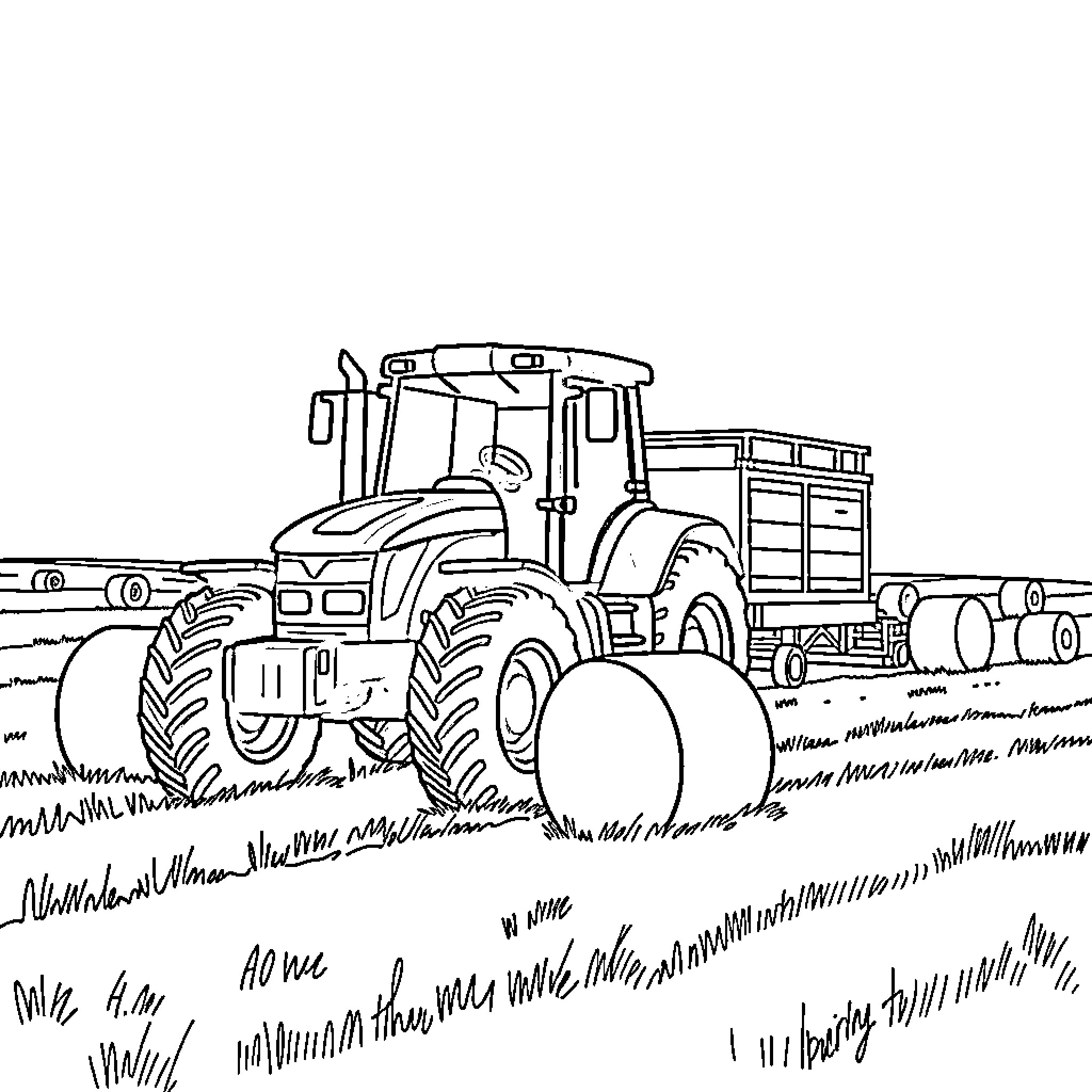 Tractor hauling large equipment in rural field Coloring Page (free black-and-white line drawing printable PDF for all, from beginners to advanced learners, including children, teens, adults, and seniors)