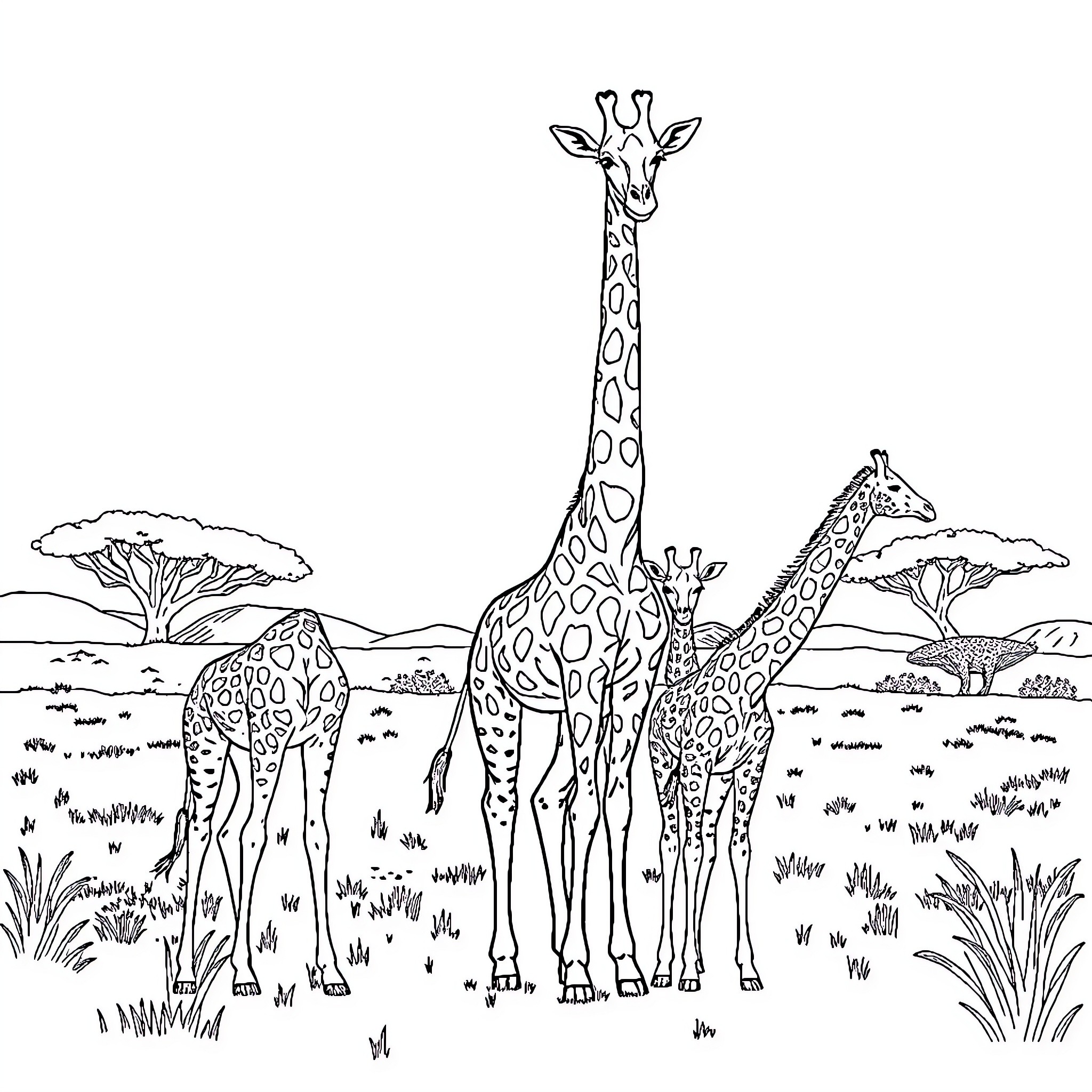 Giraffe Herd Grazing in African Savanna Coloring Page (free black-and-white line drawing printable PDF for all, from beginners to advanced learners, including children, teens, adults, and seniors)