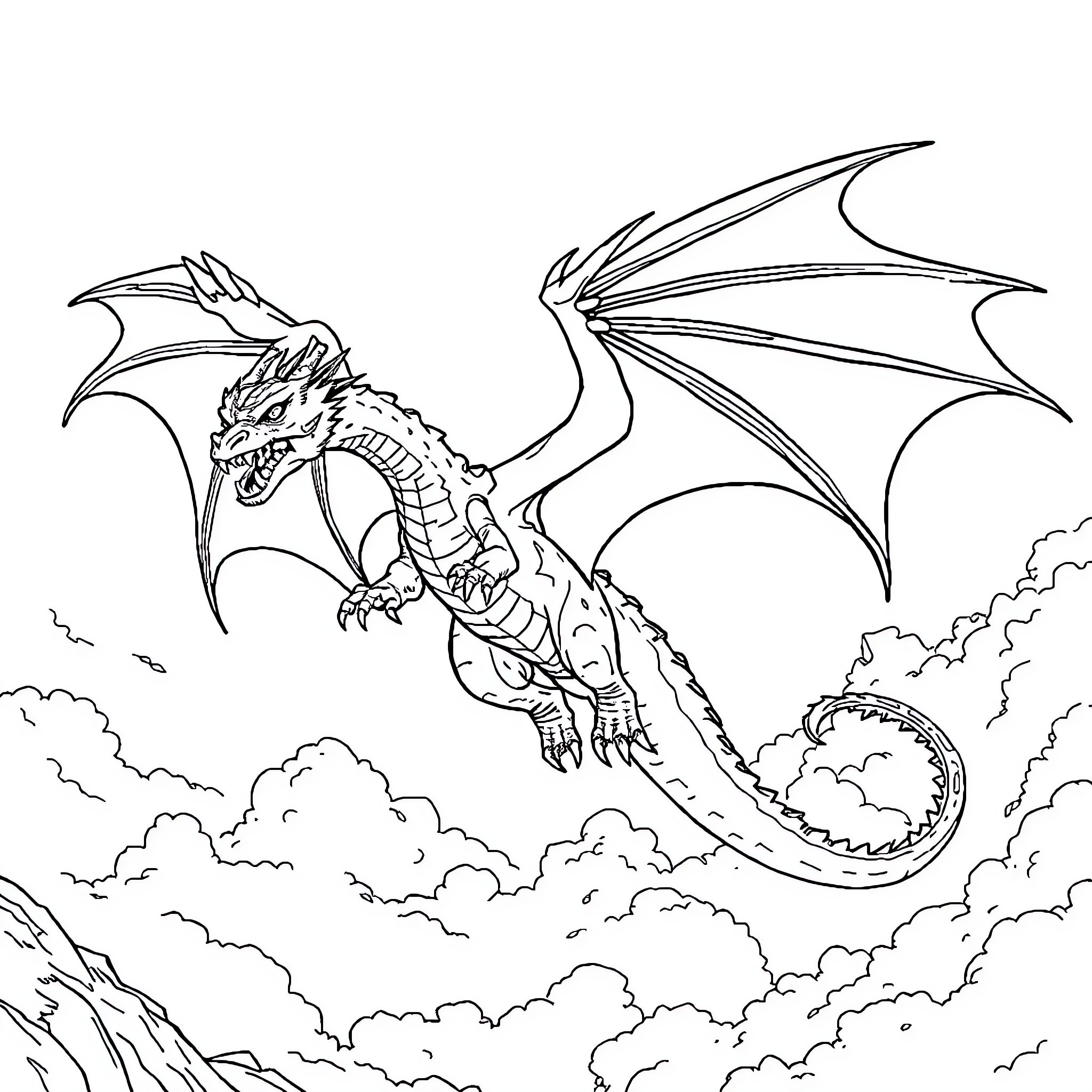 Dragon soaring through the cloudy skies Coloring Page (free black-and-white line drawing printable PDF for all, from beginners to advanced learners, including children, teens, adults, and seniors)