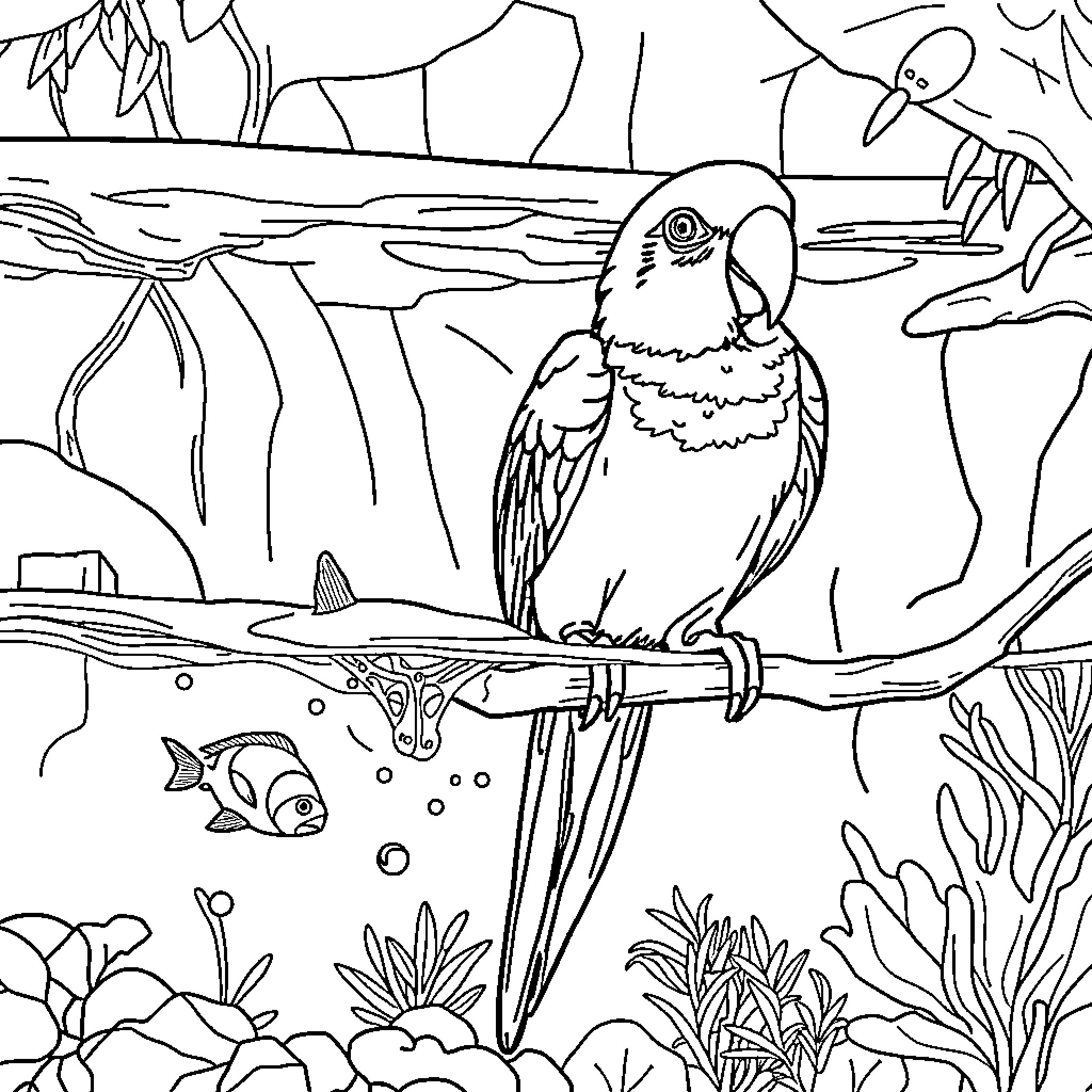 Parrot perched on a branch in a tropical scene Coloring Page (free black-and-white line drawing printable PDF for all, from beginners to advanced learners, including children, teens, adults, and seniors)