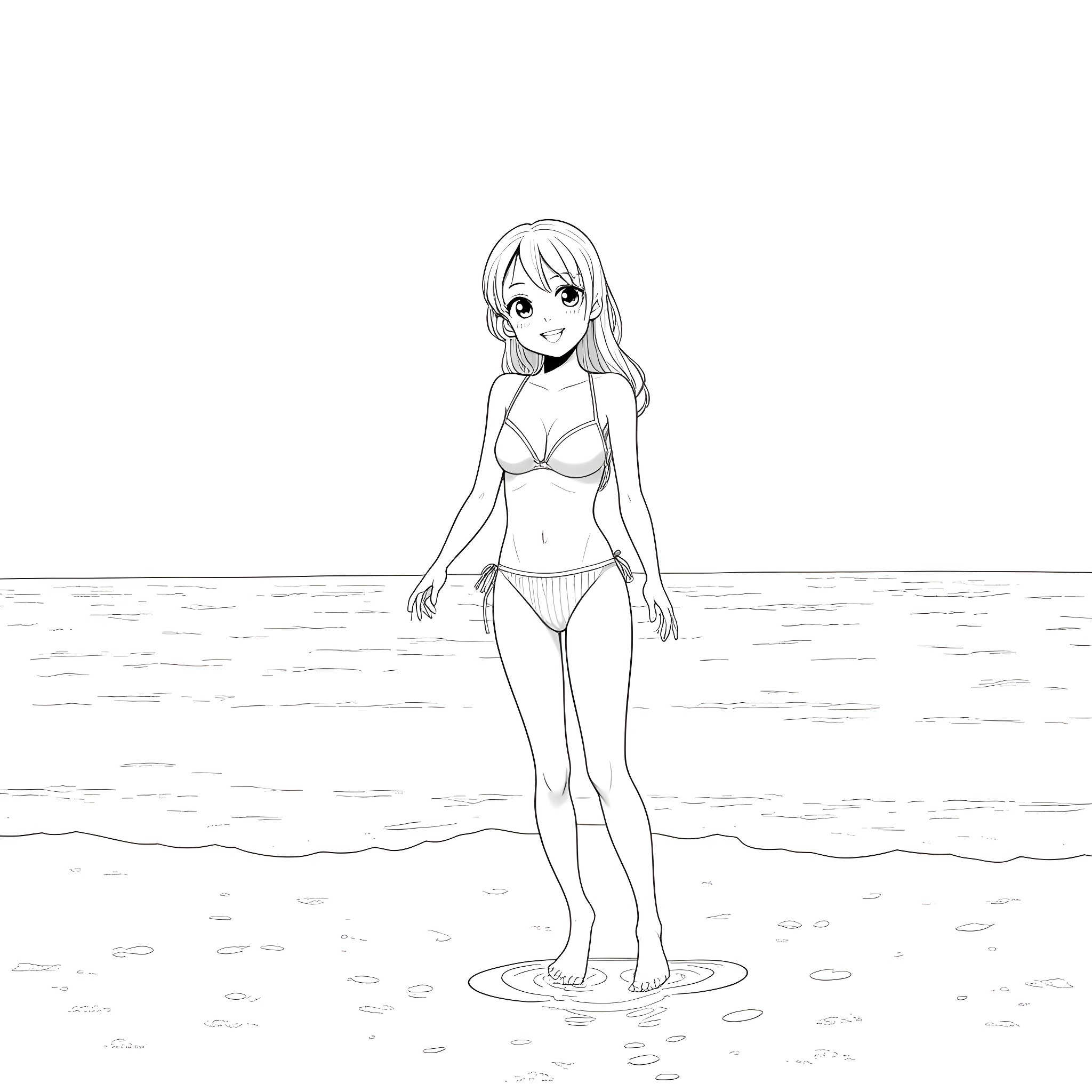 Anime Girl in Bikini on the Beach Coloring Page (free black-and-white line drawing printable PDF for all, from beginners to advanced learners, including children, teens, adults, and seniors)