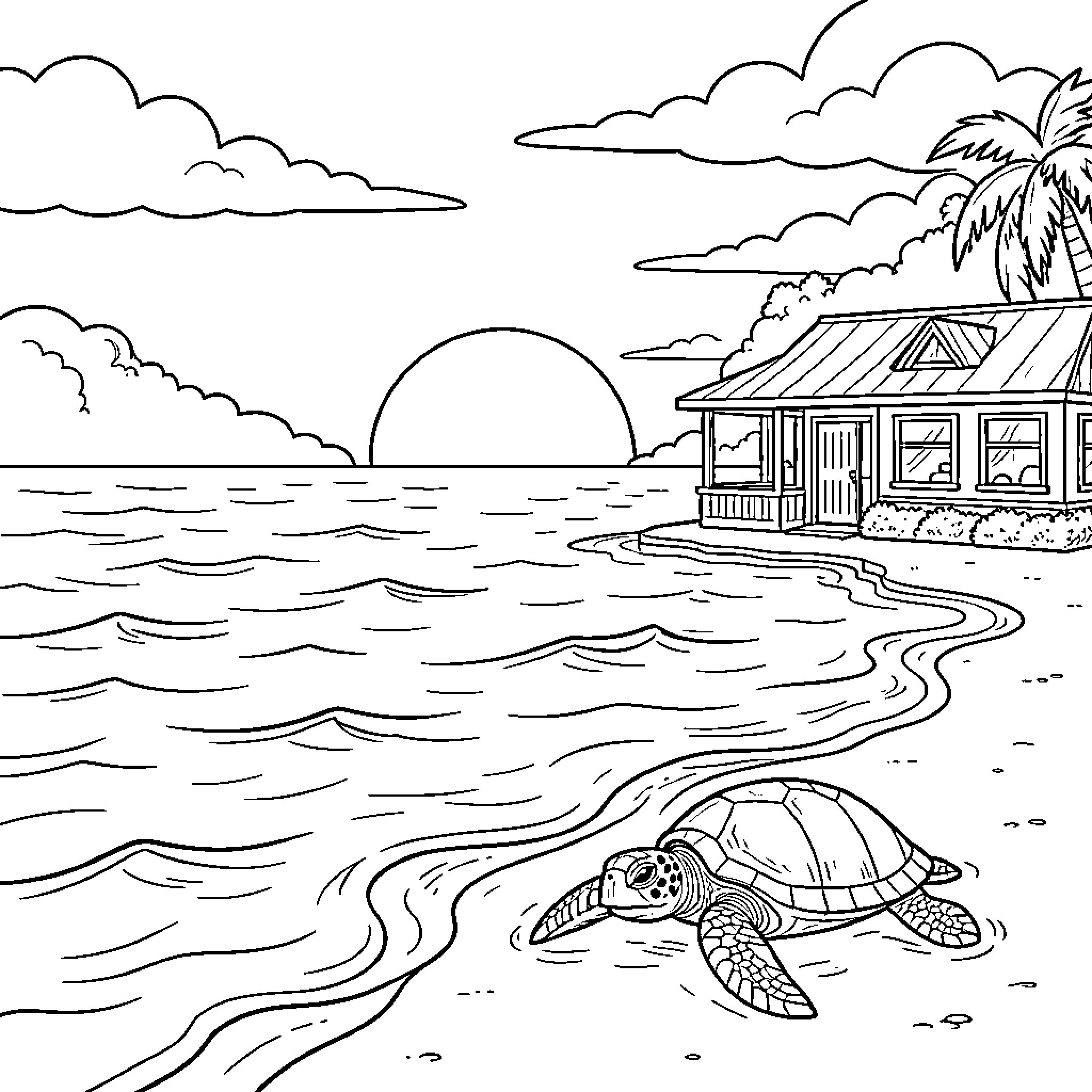 Sea Turtle crawling on the beach near a cottage Coloring Page (free black-and-white line drawing printable PDF for all, from beginners to advanced learners, including children, teens, adults, and seniors)