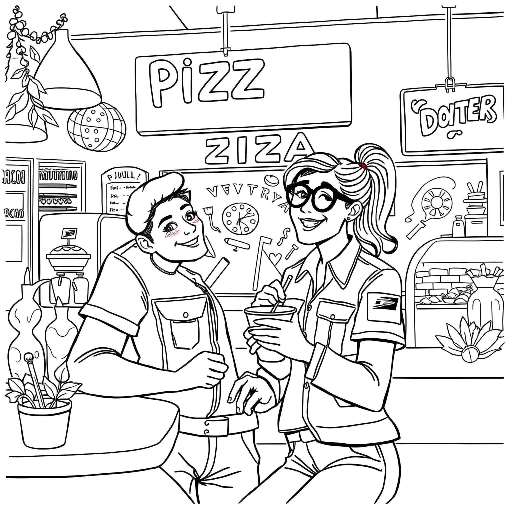 Couple working together at a pizza shop Coloring Page (free black-and-white line drawing printable PDF for all, from beginners to advanced learners, including children, teens, adults, and seniors)
