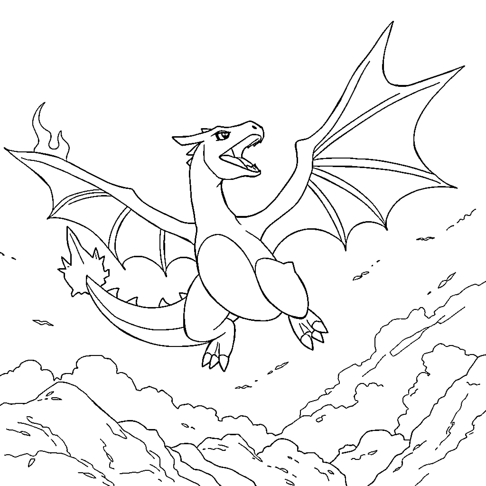 Charizard soaring through the skies Coloring Page (free black-and-white line drawing printable PDF for all, from beginners to advanced learners, including children, teens, adults, and seniors)