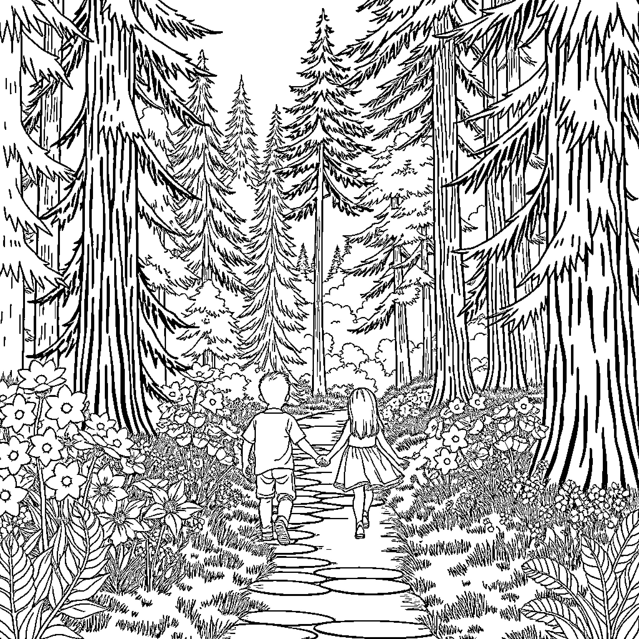 Child exploring the enchanted forest Coloring Page (free black-and-white line drawing printable PDF for all, from beginners to advanced learners, including children, teens, adults, and seniors)