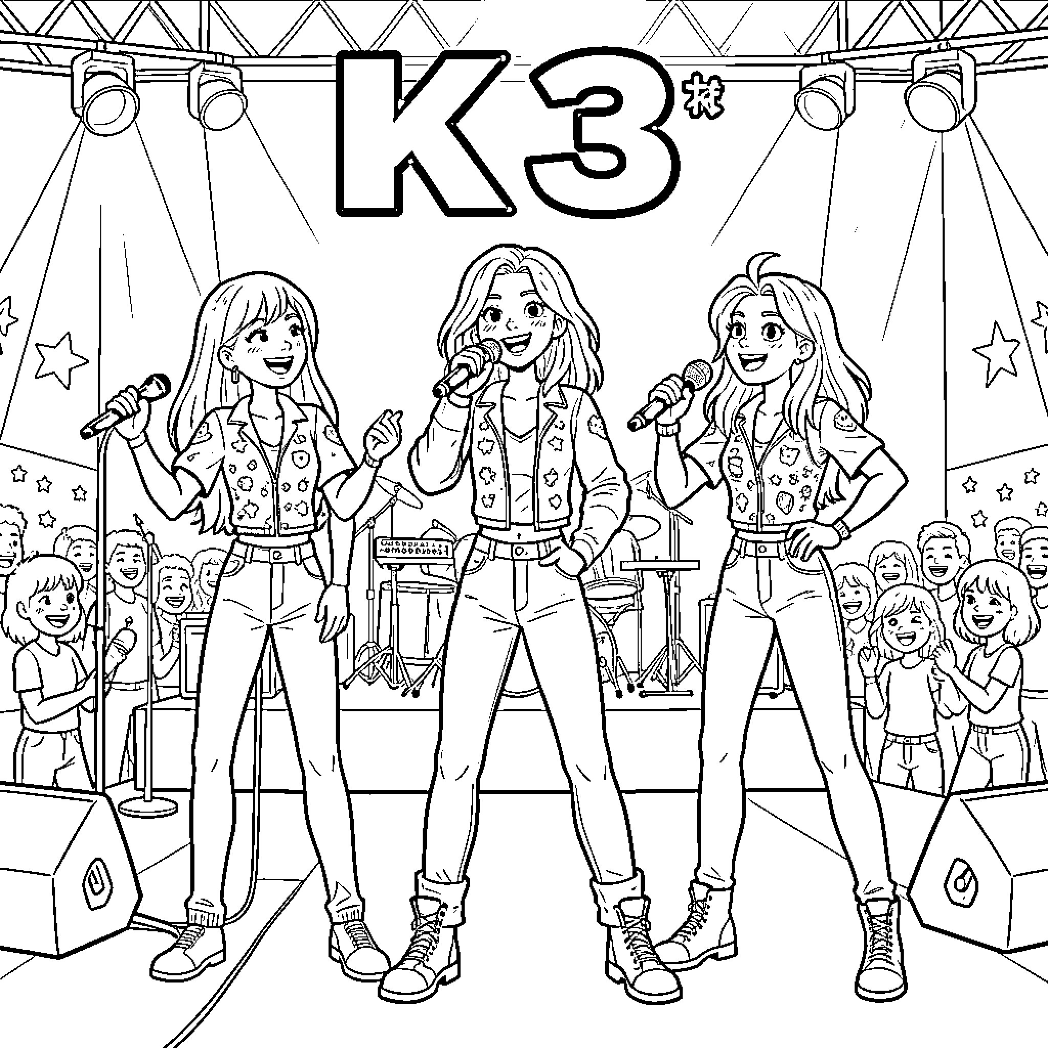 K3 girl group singing on stage with microphones Coloring Page (free black-and-white line drawing printable PDF for all, from beginners to advanced learners, including children, teens, adults, and seniors)