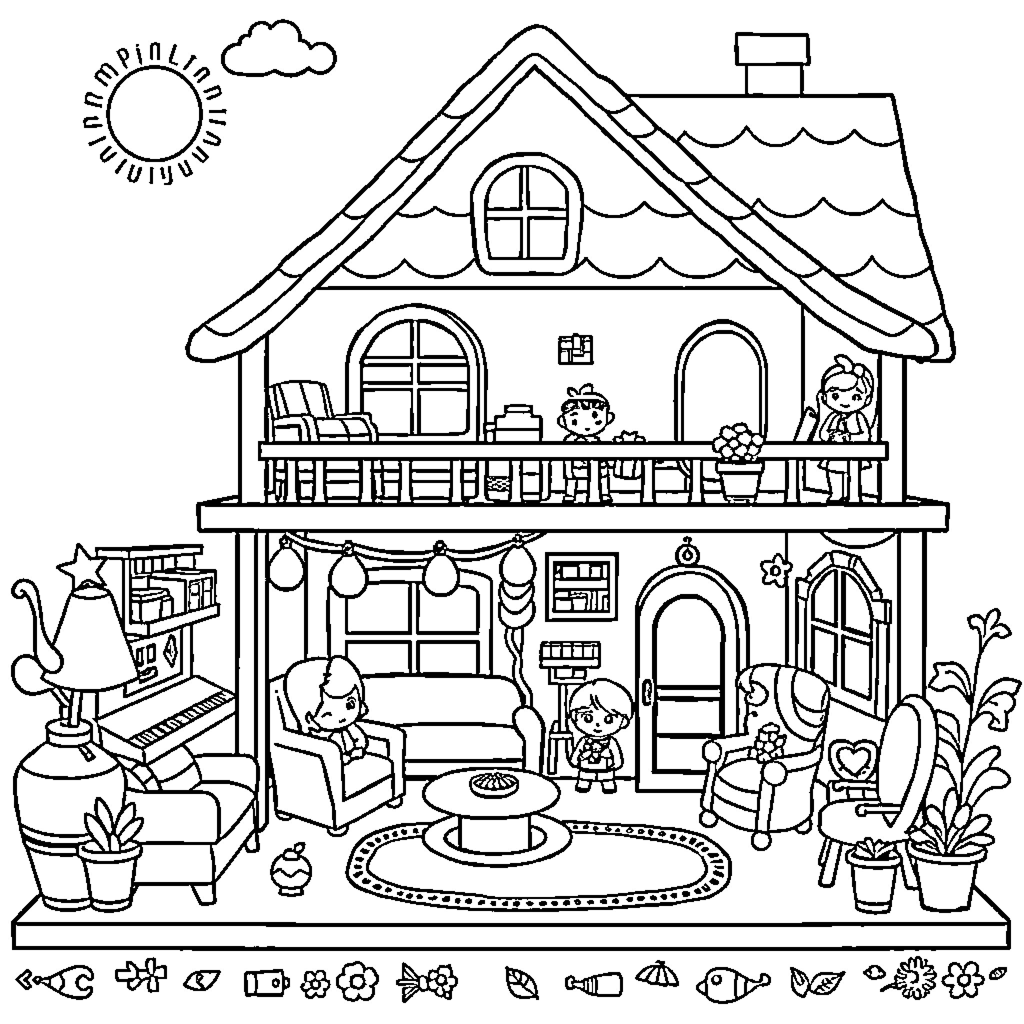 Gabby's Dollhouse: Cozy home with characters and activities Coloring Page (free black-and-white line drawing printable PDF for all, from beginners to advanced learners, including children, teens, adults, and seniors)