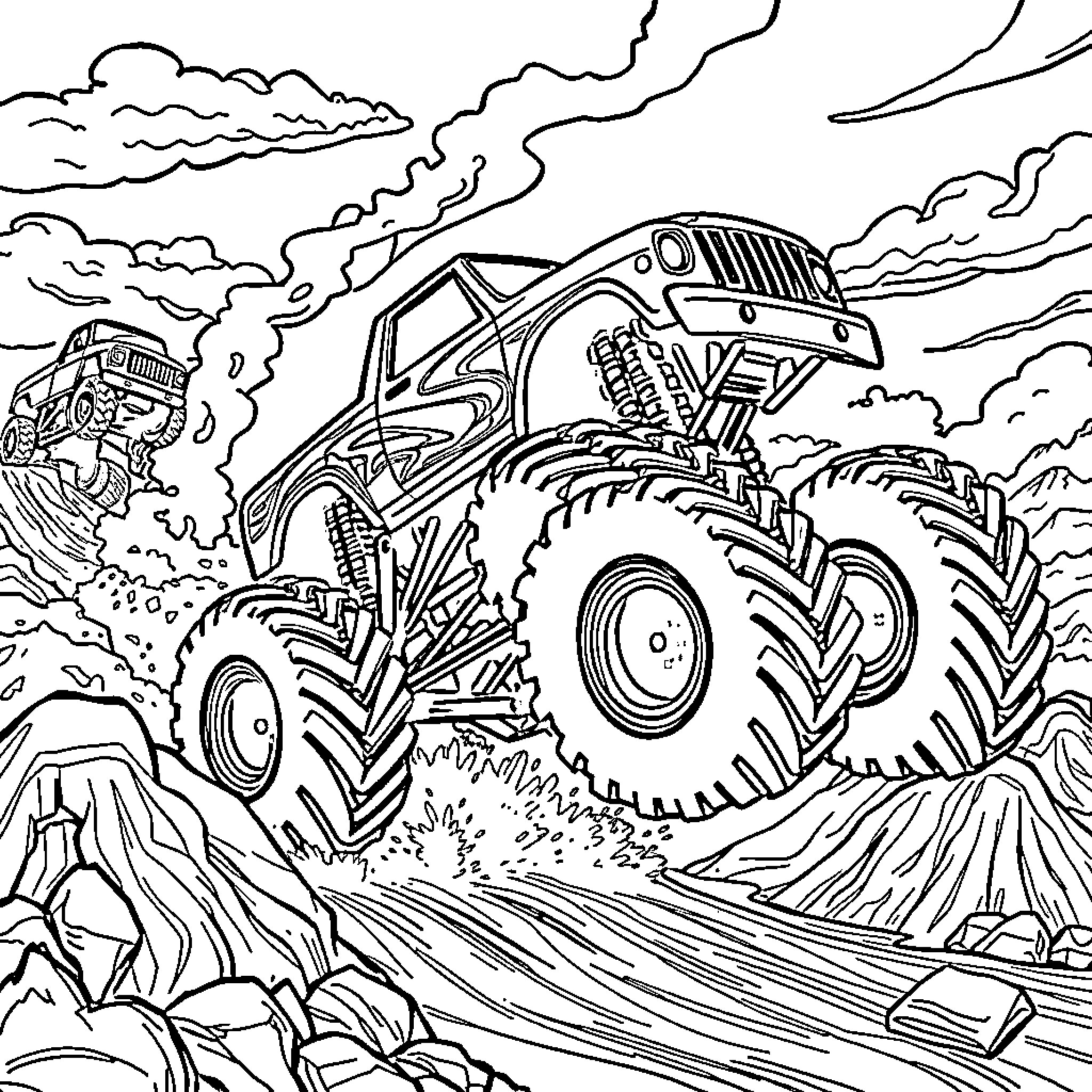 Monster Truck Crushing Through Rugged Terrain Coloring Page (free black-and-white line drawing printable PDF for all, from beginners to advanced learners, including children, teens, adults, and seniors)