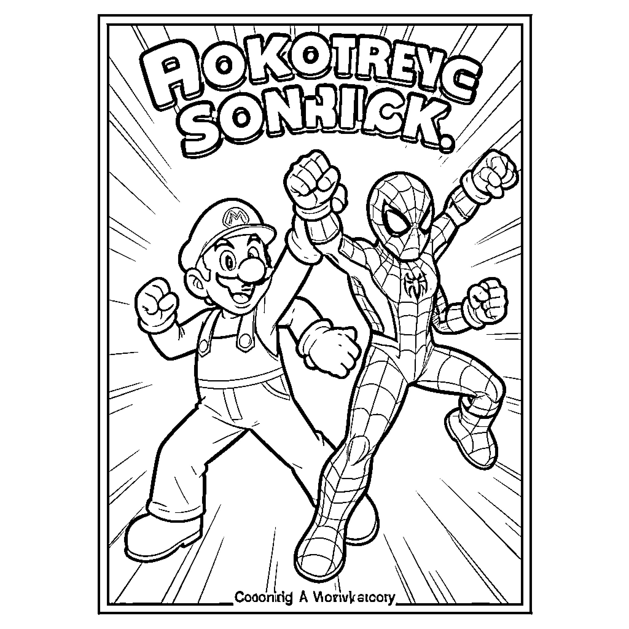 Mario and Spiderman action and adventure Coloring Page (free black-and-white line drawing printable PDF for all, from beginners to advanced learners, including children, teens, adults, and seniors)