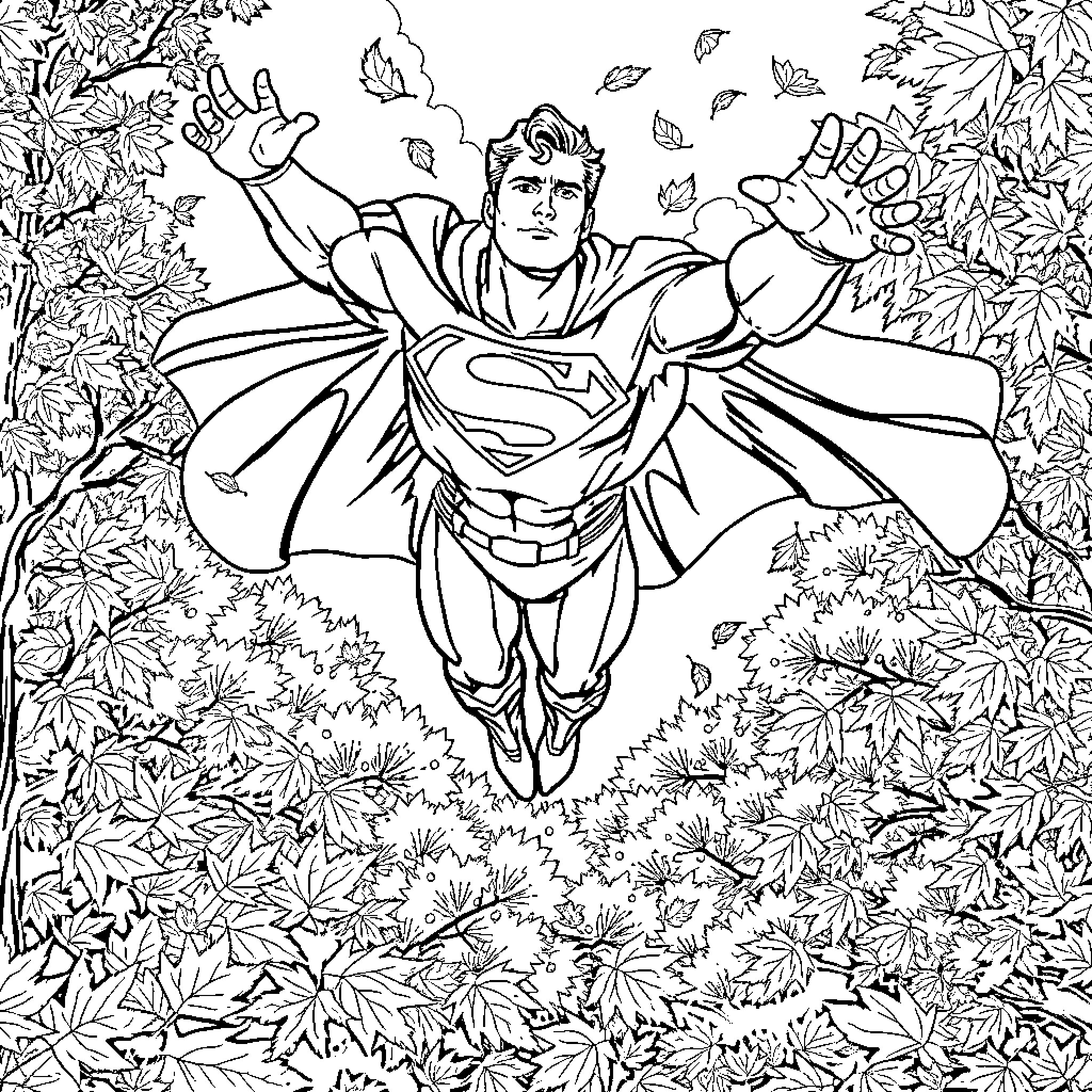 Superman soaring through a nature scene Coloring Page (free black-and-white line drawing printable PDF for all, from beginners to advanced learners, including children, teens, adults, and seniors)