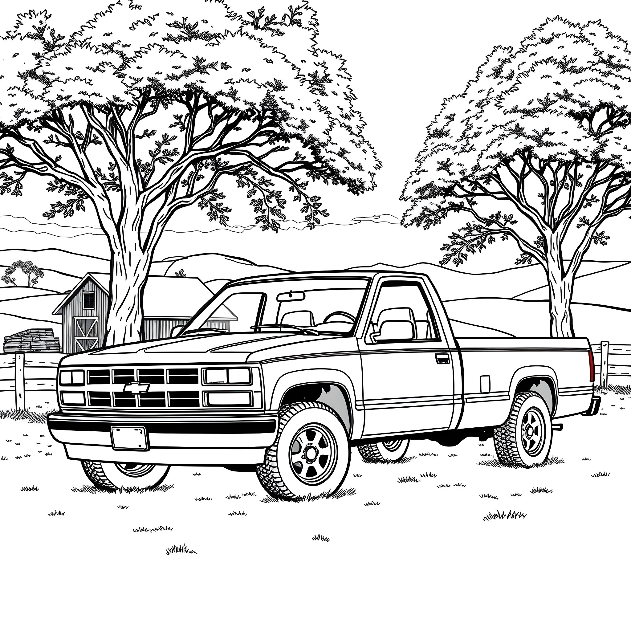 Stepside truck in a rural countryside setting Coloring Page (free black-and-white line drawing printable PDF for all, from beginners to advanced learners, including children, teens, adults, and seniors)