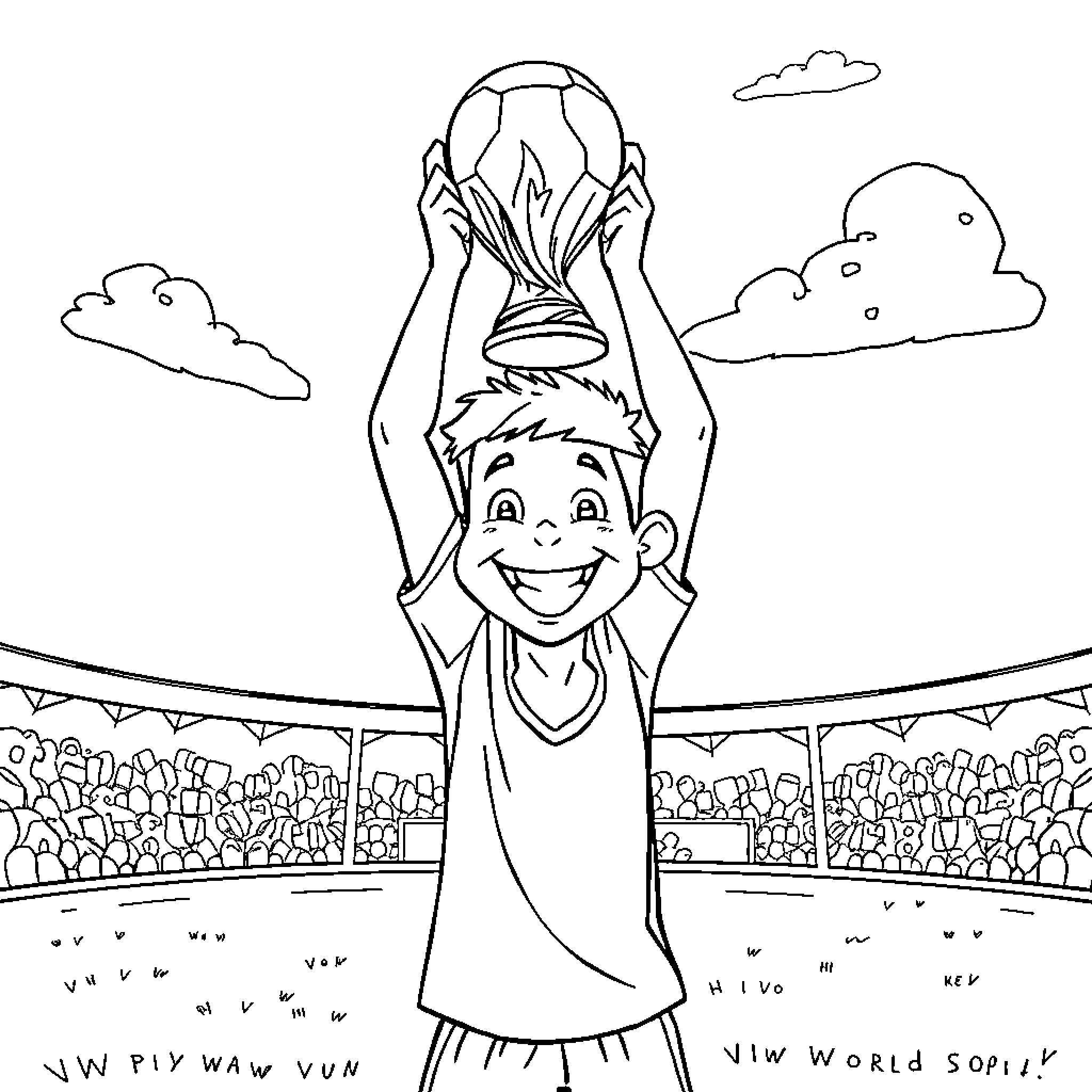 Soccer player celebrating after scoring a goal Coloring Page (free black-and-white line drawing printable PDF for all, from beginners to advanced learners, including children, teens, adults, and seniors)