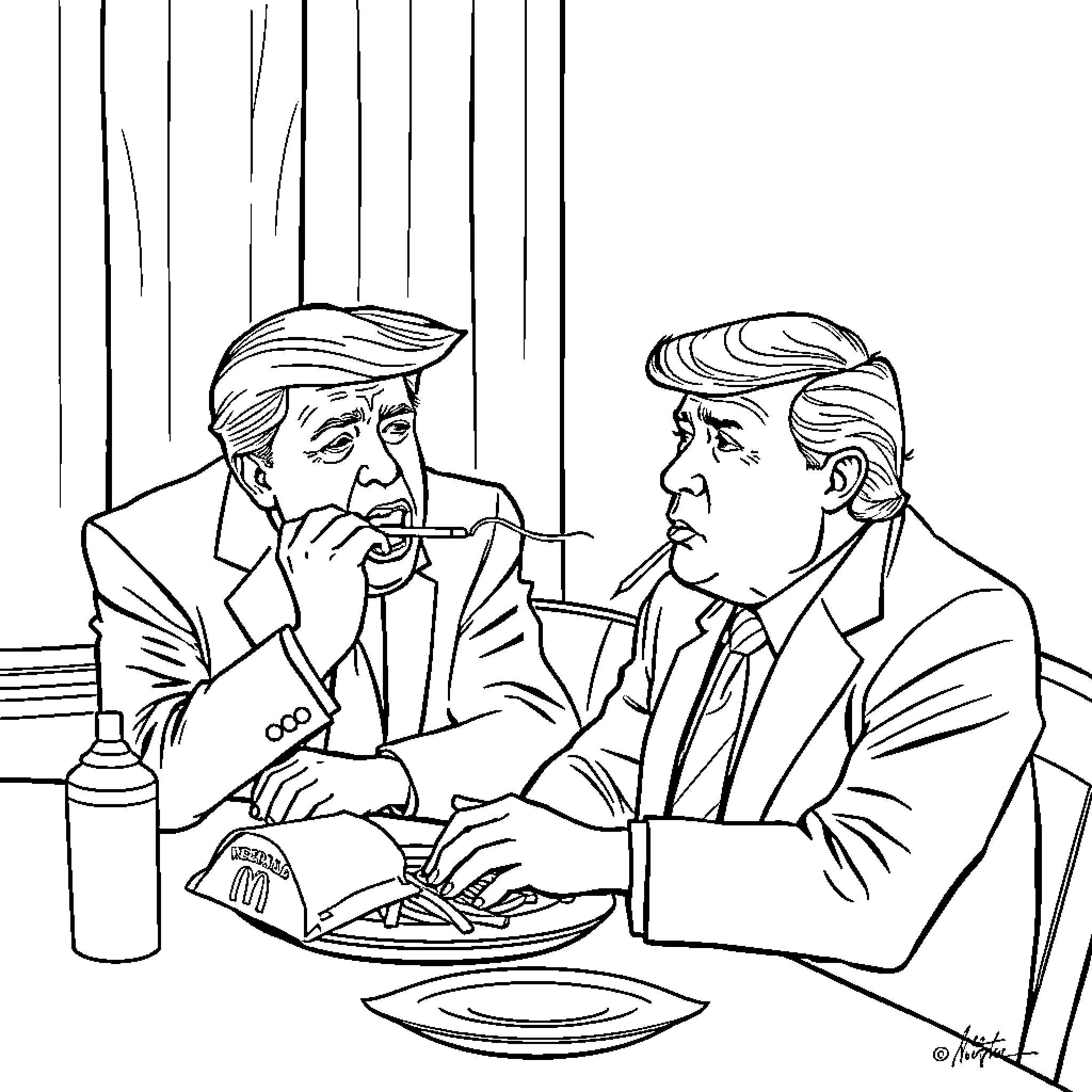 Trump and Companion Engaged in Conversation Coloring Page (free black-and-white line drawing printable PDF for all, from beginners to advanced learners, including children, teens, adults, and seniors)