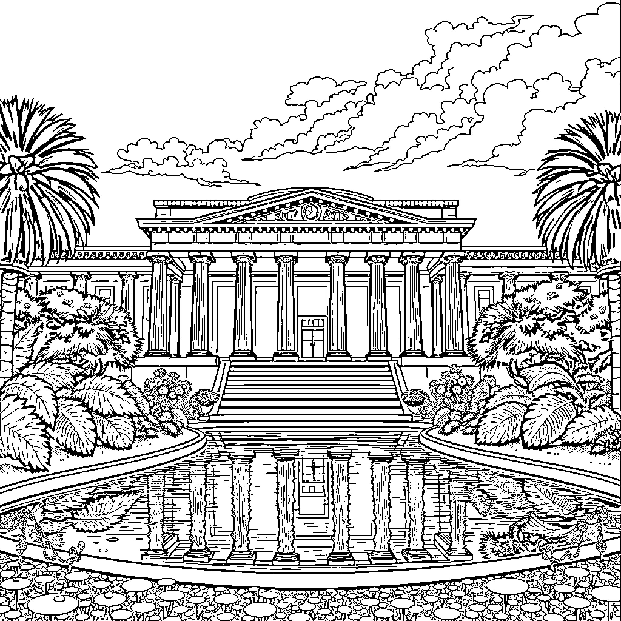 Palace of majestic architecture and serene gardens Coloring Page (free black-and-white line drawing printable PDF for all, from beginners to advanced learners, including children, teens, adults, and seniors)