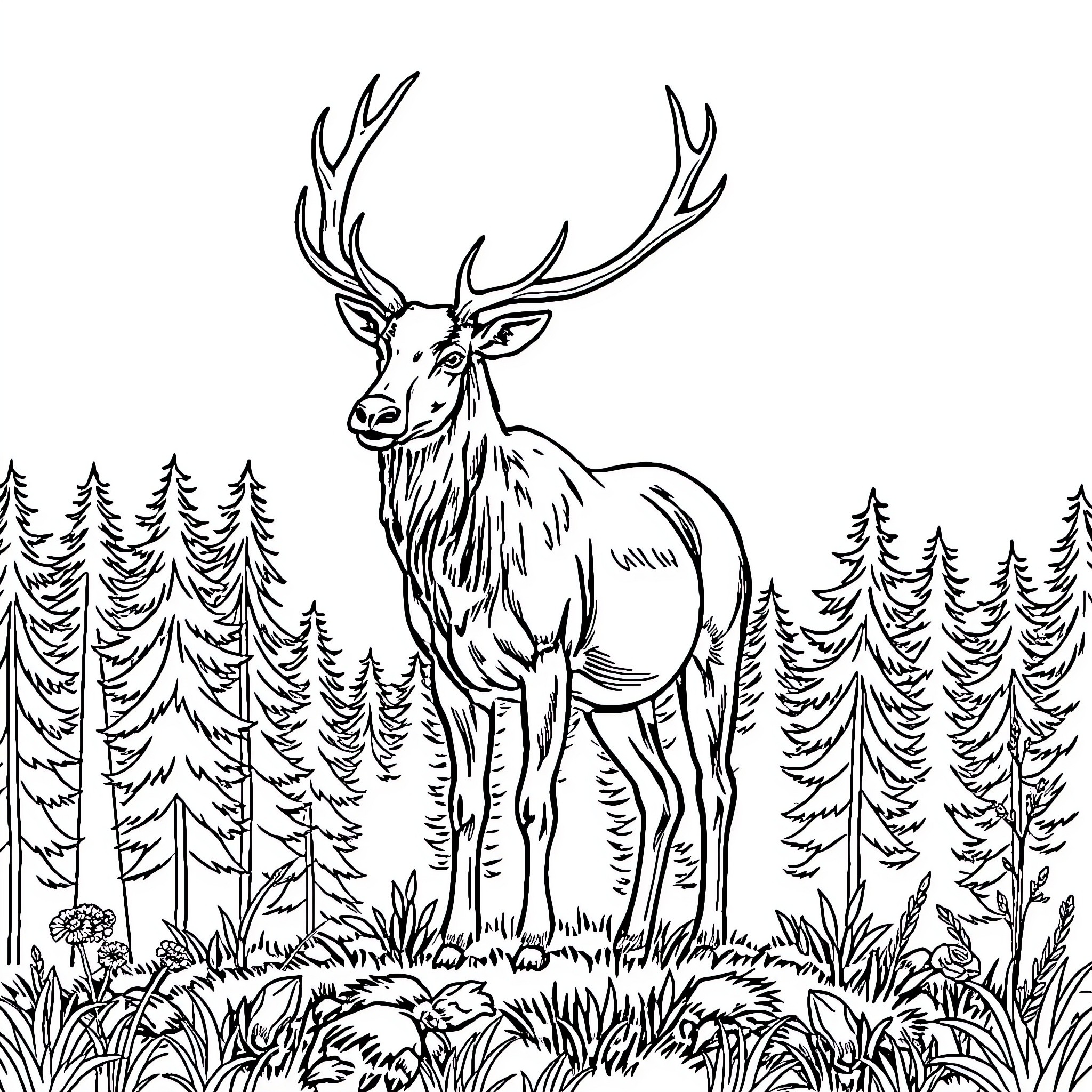 Deer standing proudly in the forest Coloring Page (free black-and-white line drawing printable PDF for all, from beginners to advanced learners, including children, teens, adults, and seniors)