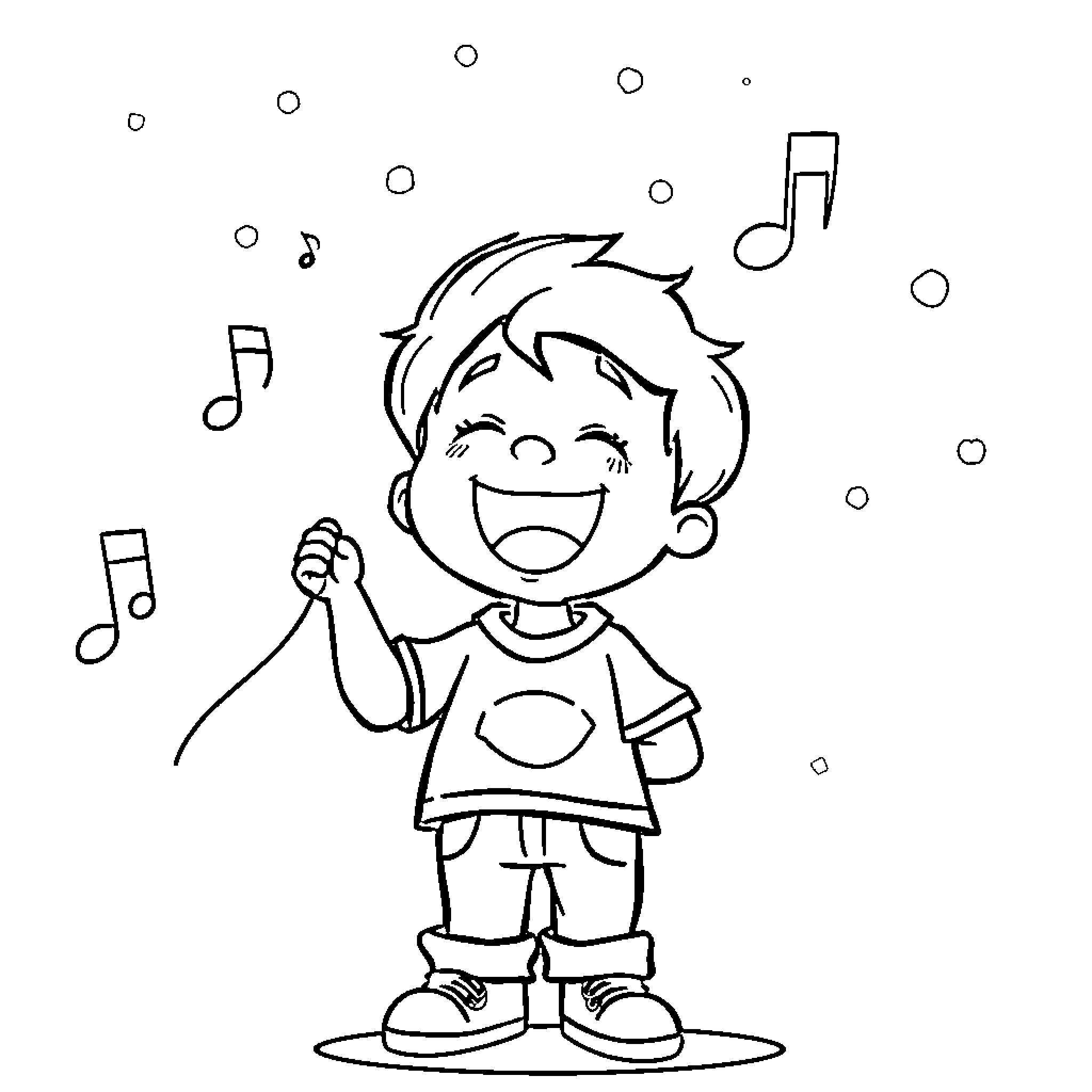Kid singing joyfully with musical notes Coloring Page (free black-and-white line drawing printable PDF for all, from beginners to advanced learners, including children, teens, adults, and seniors)