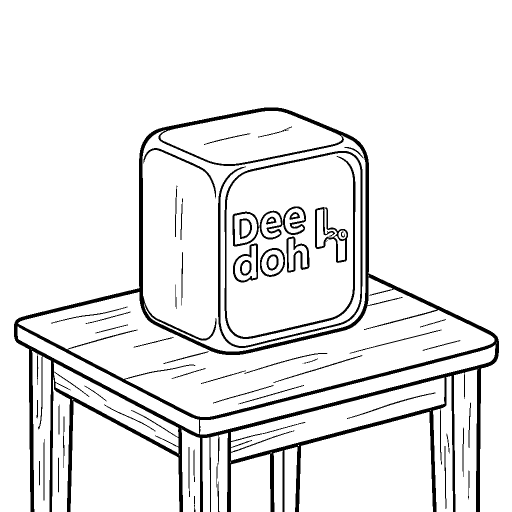 Square Dee Doh sitting on a small wooden table Coloring Page (free black-and-white line drawing printable PDF for all, from beginners to advanced learners, including children, teens, adults, and seniors)