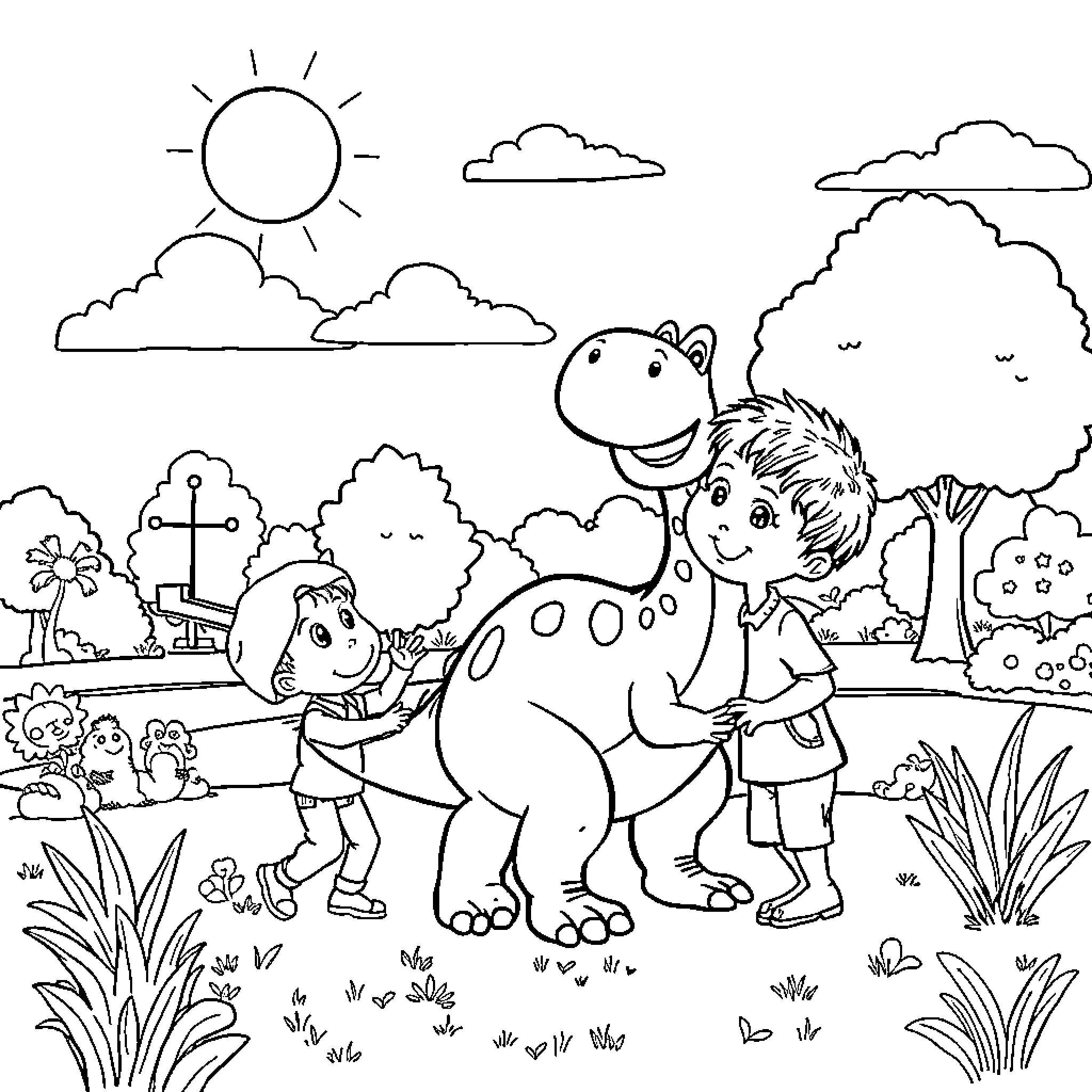 Dinosaur friends playing in the park Coloring Page (free black-and-white line drawing printable PDF for all, from beginners to advanced learners, including children, teens, adults, and seniors)