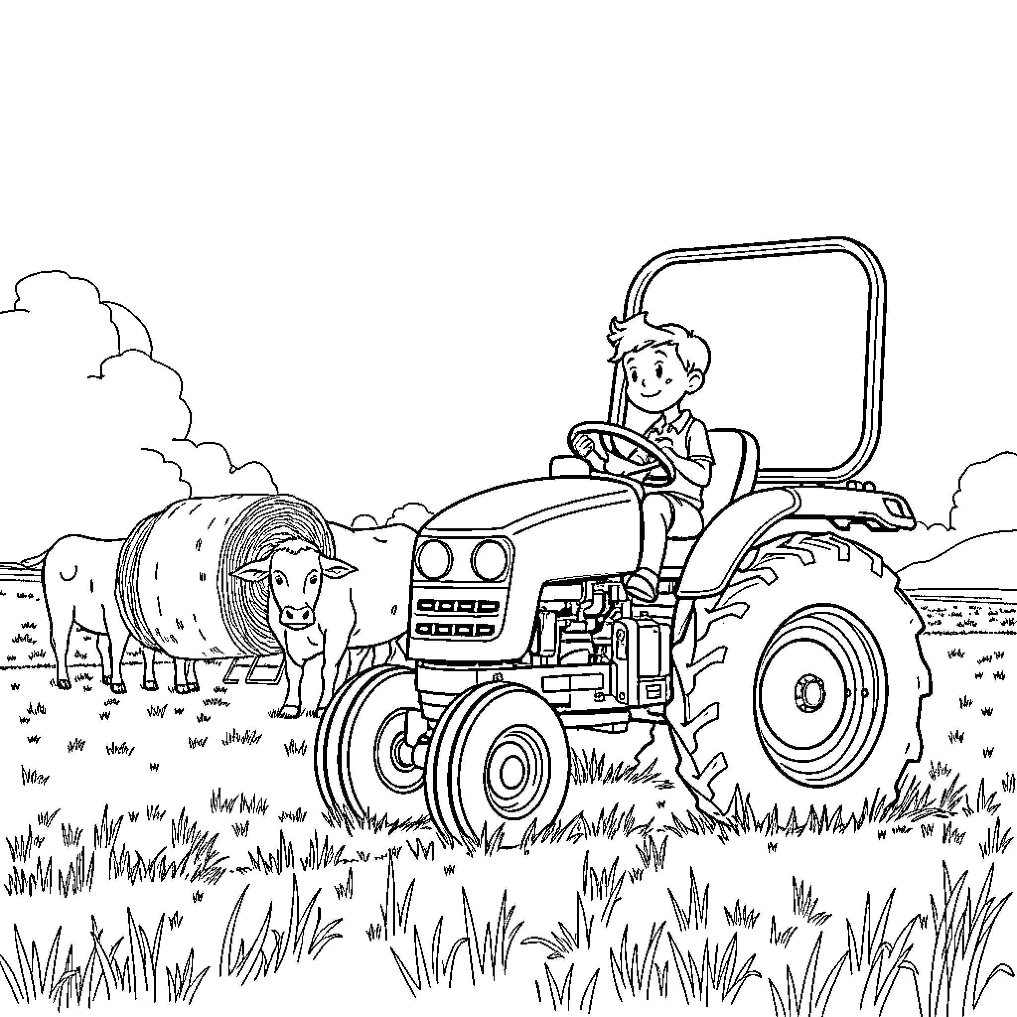 Boy driving tractor on farm with animals Coloring Page (free black-and-white line drawing printable PDF for all, from beginners to advanced learners, including children, teens, adults, and seniors)