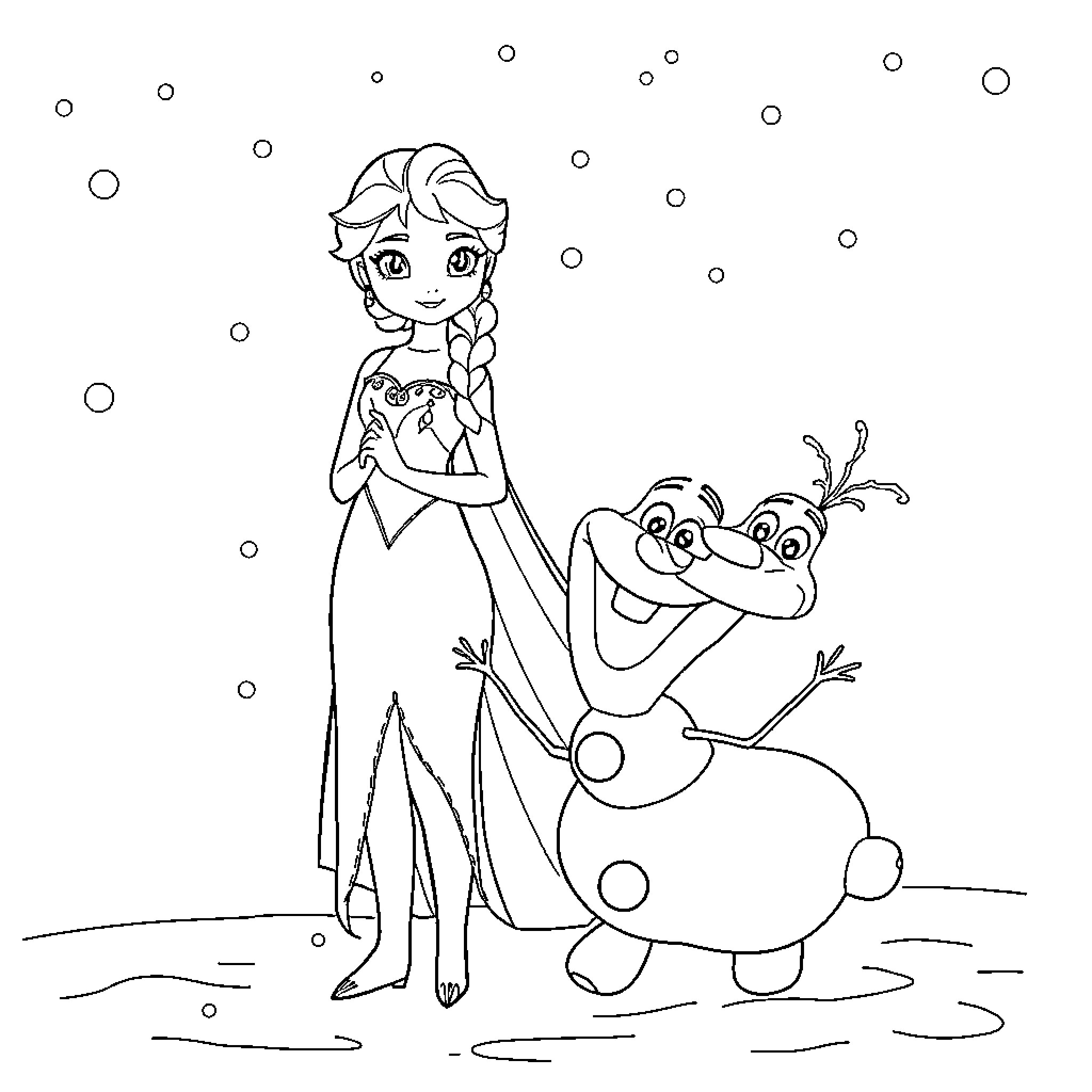 Elsa enjoying the winter wonderland with Olaf Coloring Page (free black-and-white line drawing printable PDF for all, from beginners to advanced learners, including children, teens, adults, and seniors)