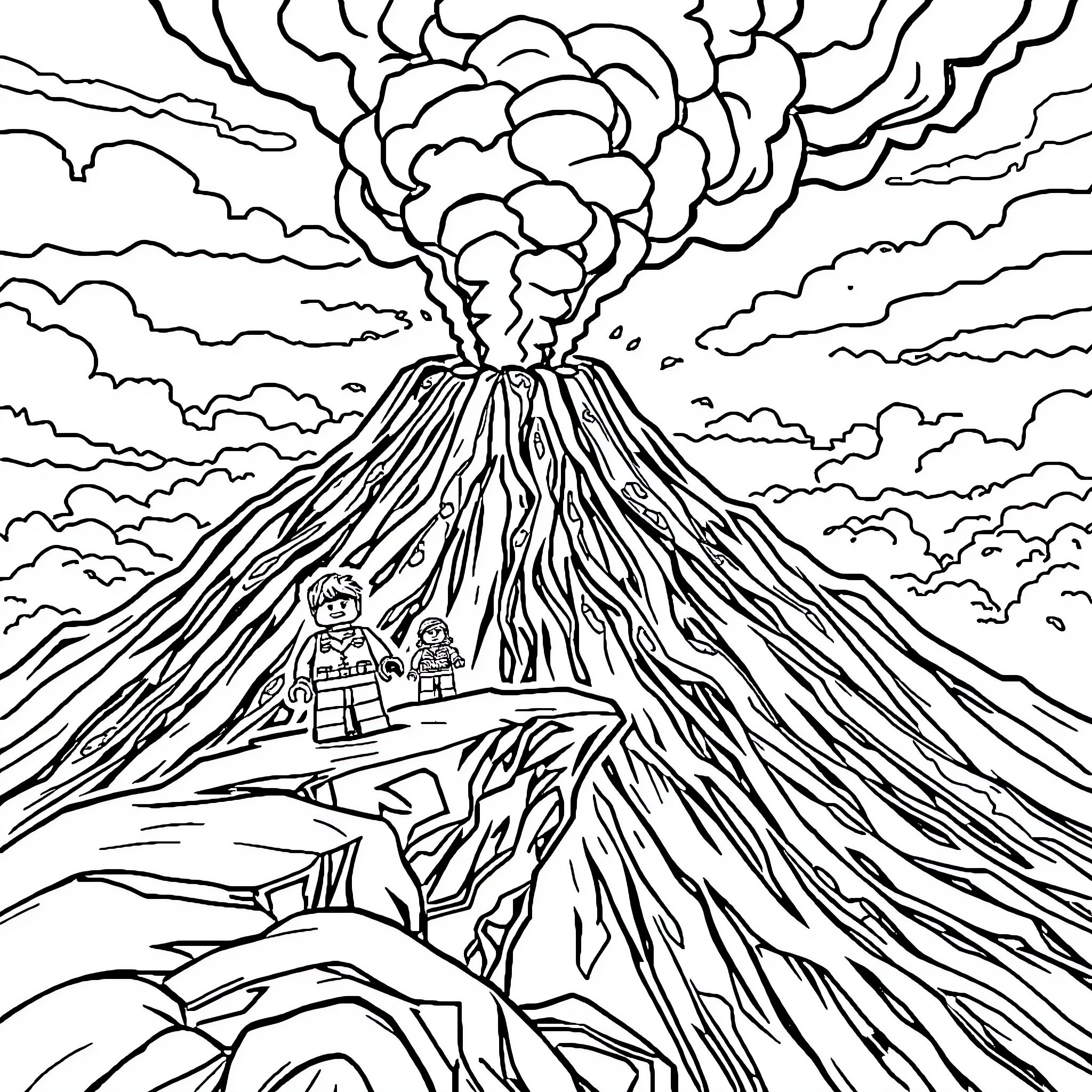 Lego People Witnessing a Volcanic Eruption Coloring Page (free black-and-white line drawing printable PDF for all, from beginners to advanced learners, including children, teens, adults, and seniors)