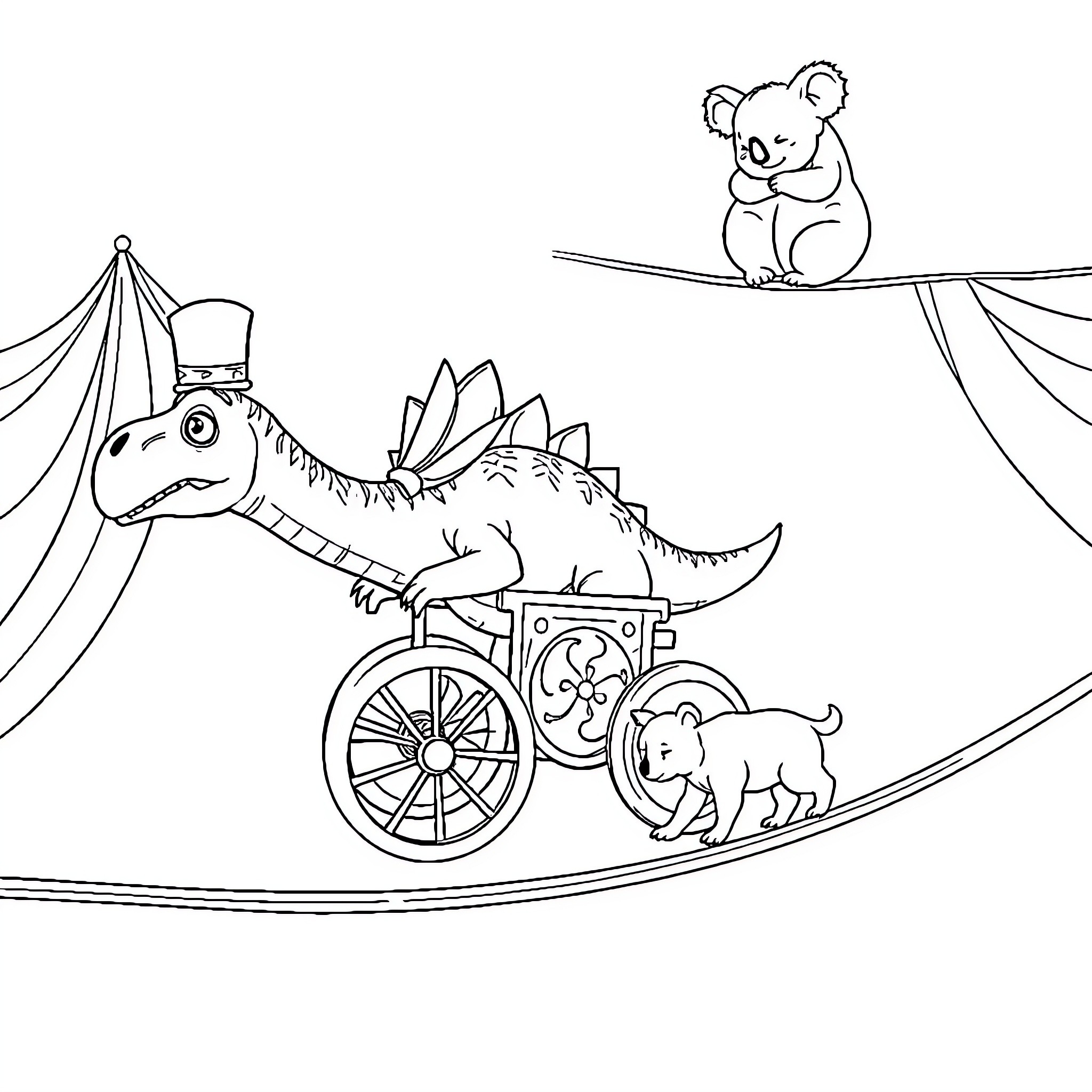 Triceratops in a circus parade with koalas Coloring Page (free black-and-white line drawing printable PDF for all, from beginners to advanced learners, including children, teens, adults, and seniors)