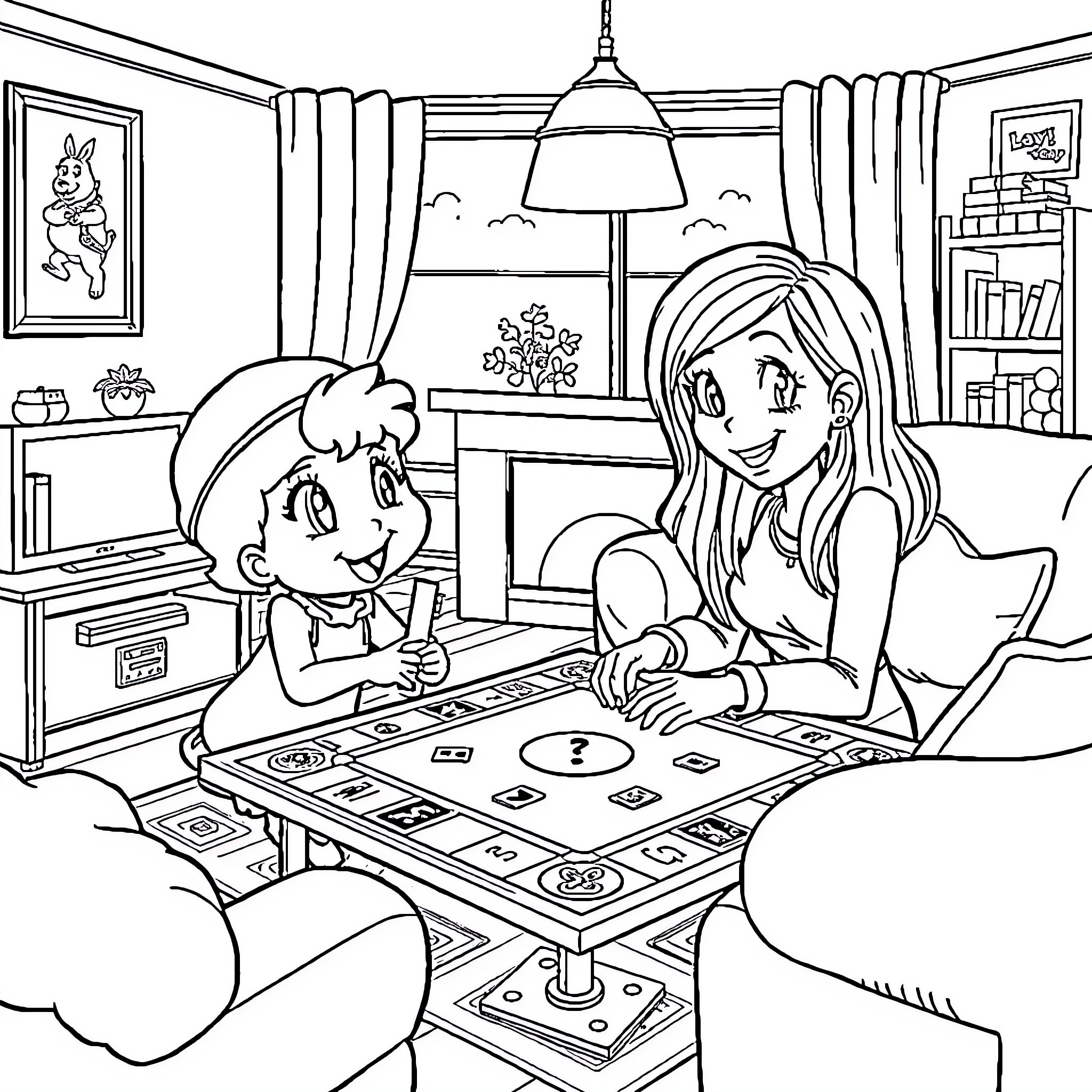 Gabby and friend playing board game together Coloring Page (free black-and-white line drawing printable PDF for all, from beginners to advanced learners, including children, teens, adults, and seniors)