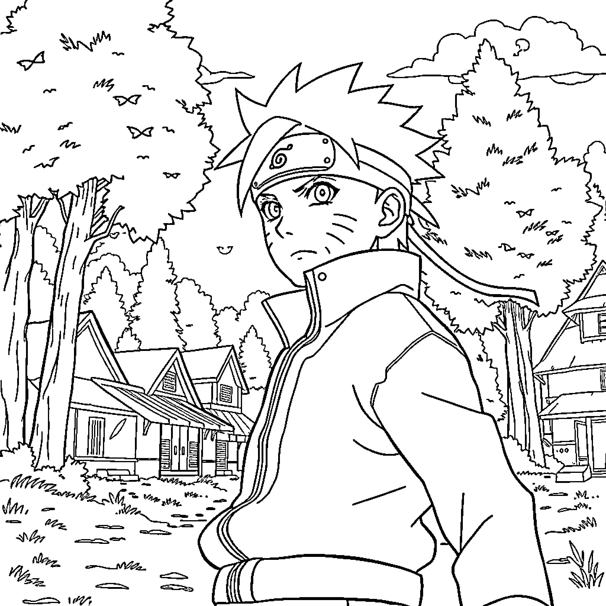 Naruto contemplating in a rural landscape Coloring Page (free black-and-white line drawing printable PDF for all, from beginners to advanced learners, including children, teens, adults, and seniors)