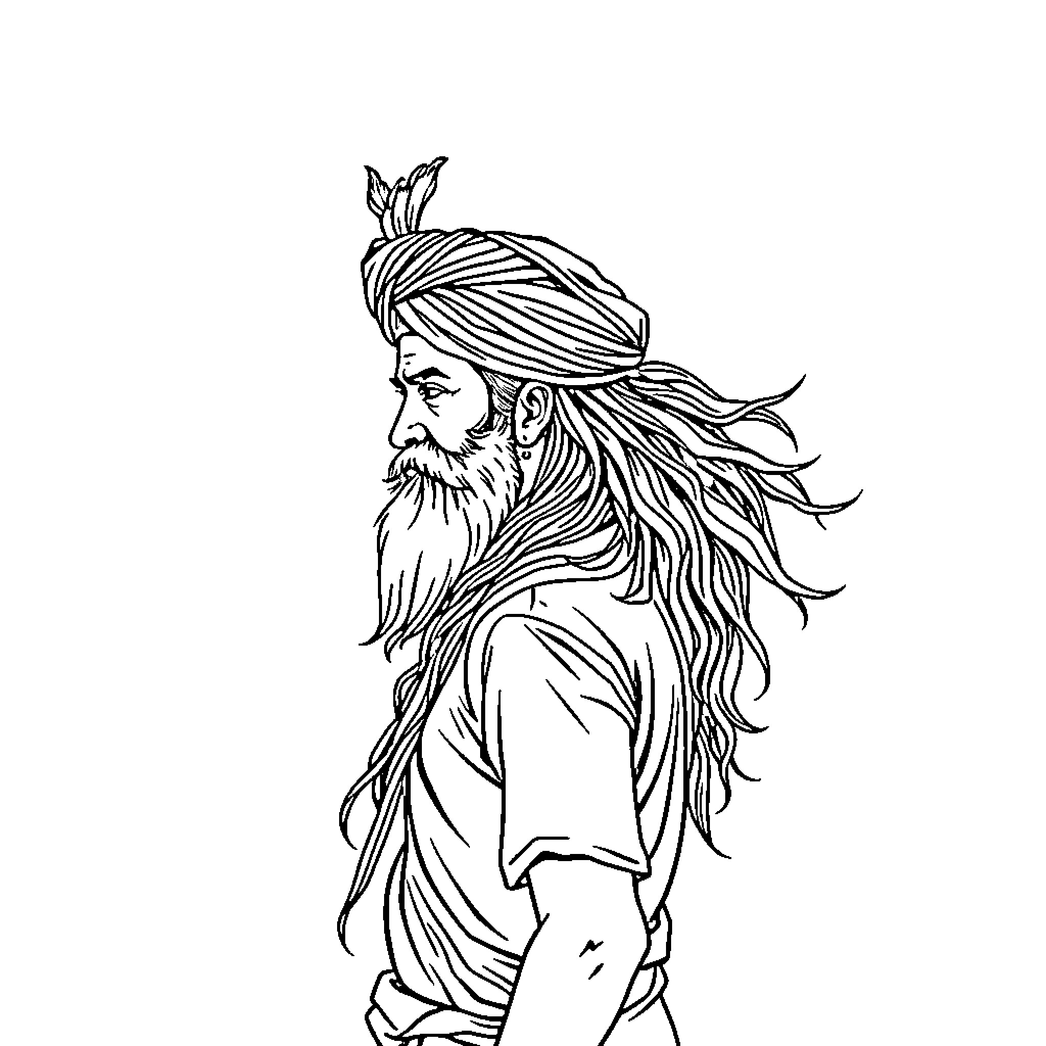 Man with long beard and headpiece in profile Coloring Page (free black-and-white line drawing printable PDF for all, from beginners to advanced learners, including children, teens, adults, and seniors)
