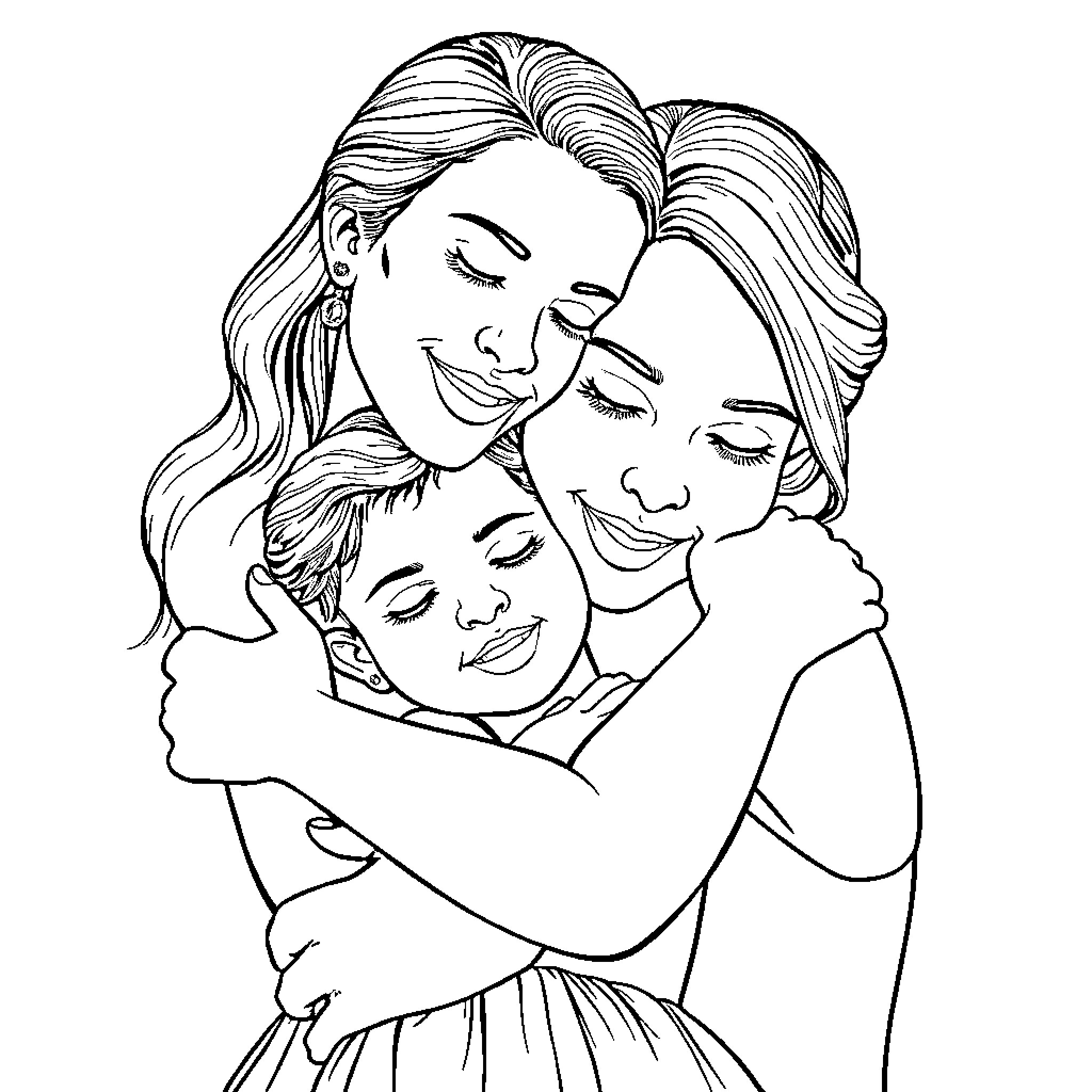 Mother's Loving Embrace with Children Coloring Page (free black-and-white line drawing printable PDF for all, from beginners to advanced learners, including children, teens, adults, and seniors)