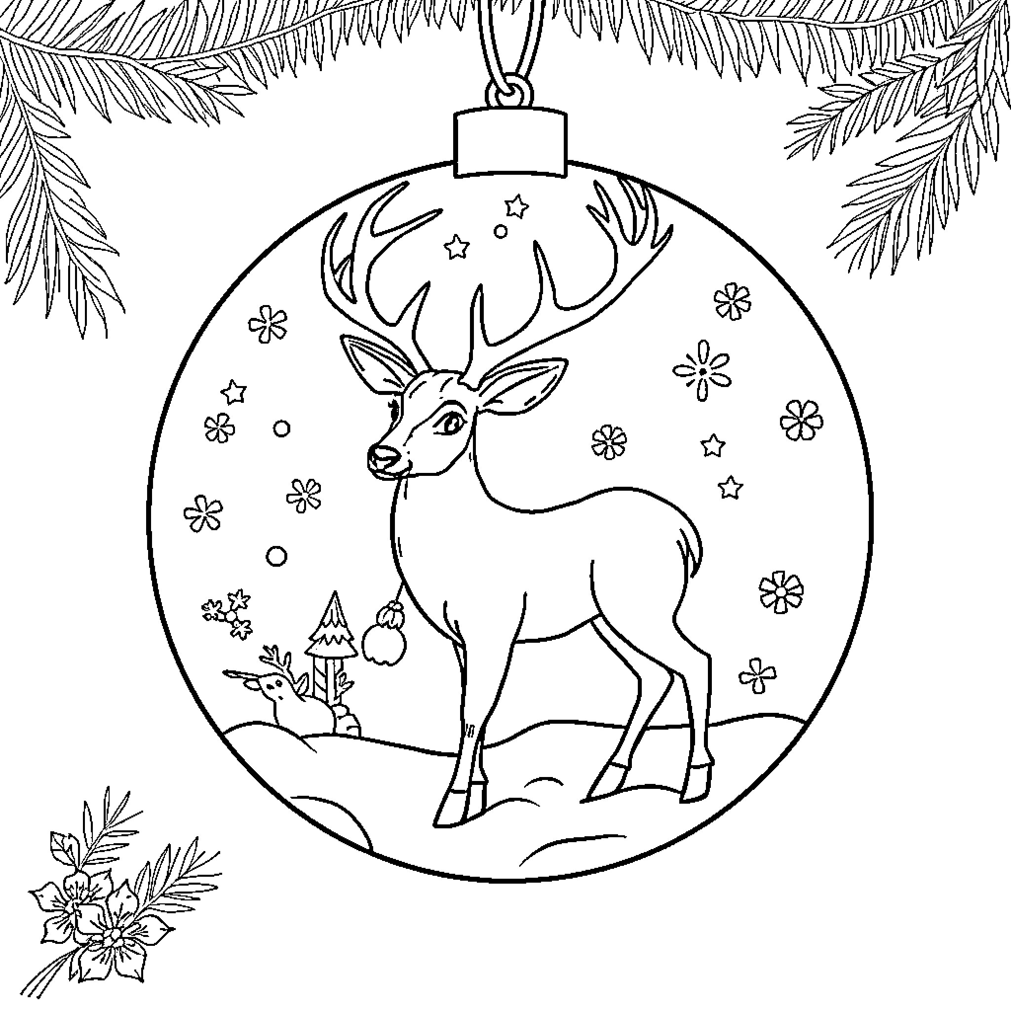 Deer in Holiday Ornament Illustration Coloring Page (free black-and-white line drawing printable PDF for all, from beginners to advanced learners, including children, teens, adults, and seniors)