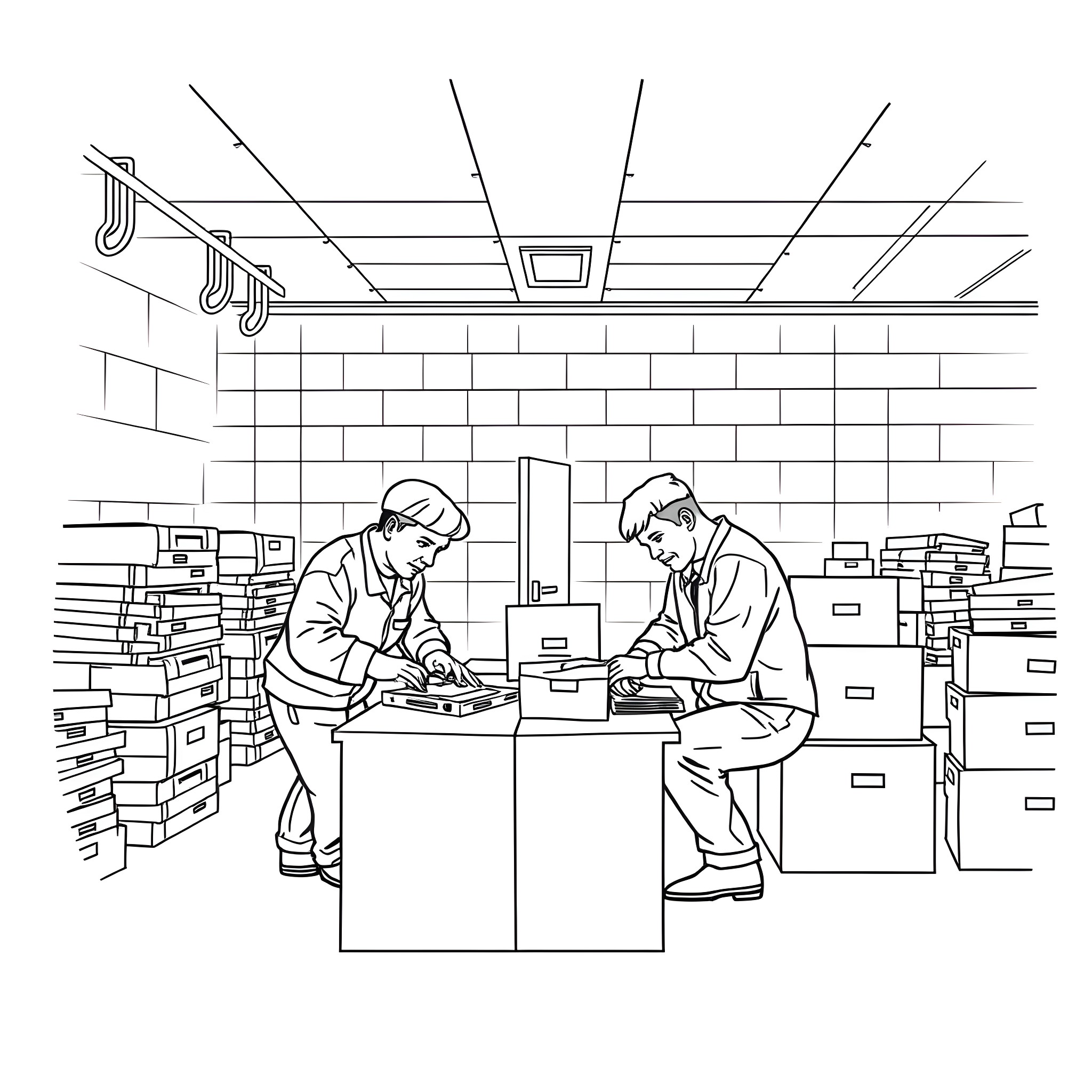 Prisoner Workers Sorting Items in Storage Facility Coloring Page (free black-and-white line drawing printable PDF for all, from beginners to advanced learners, including children, teens, adults, and seniors)