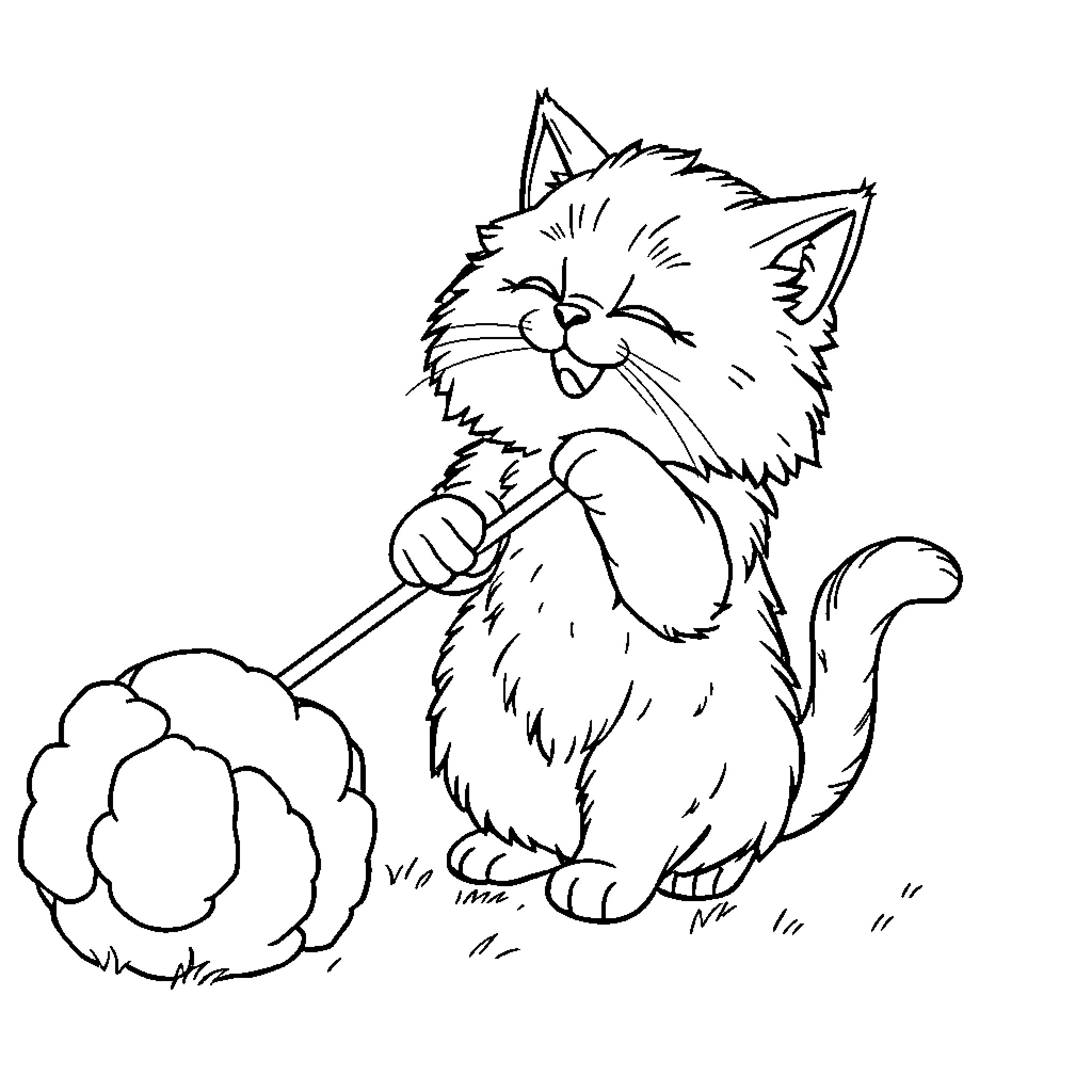 Cat blowing bubbles with a wand Coloring Page (free black-and-white line drawing printable PDF for all, from beginners to advanced learners, including children, teens, adults, and seniors)