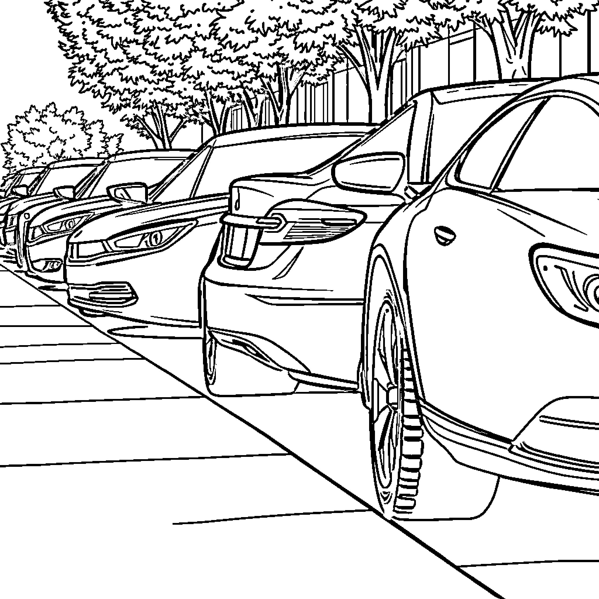 Cars parked in the city street Coloring Page (free black-and-white line drawing printable PDF for all, from beginners to advanced learners, including children, teens, adults, and seniors)